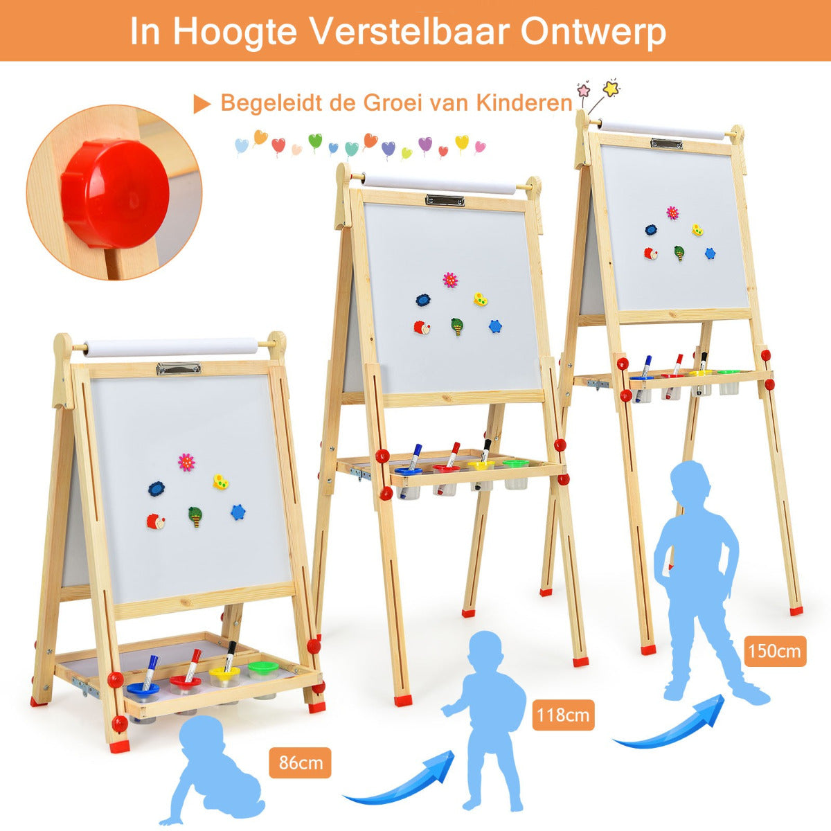 LIVSK 3-in-1 Kinderezel - Verstelbare Hoogte van 86 tot 150 cm - Krijtbord en Whiteboard - Inclusief Accessoires - Natuurlijk