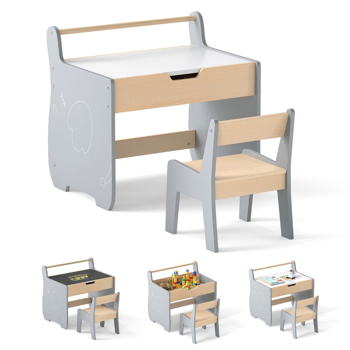 LIVSK 3-in-1 Kindertafel en Stoelset - Afneembaar Whiteboard- en Krijtbordoppervlak - Ingebouwde Opbergruimte - Grijs