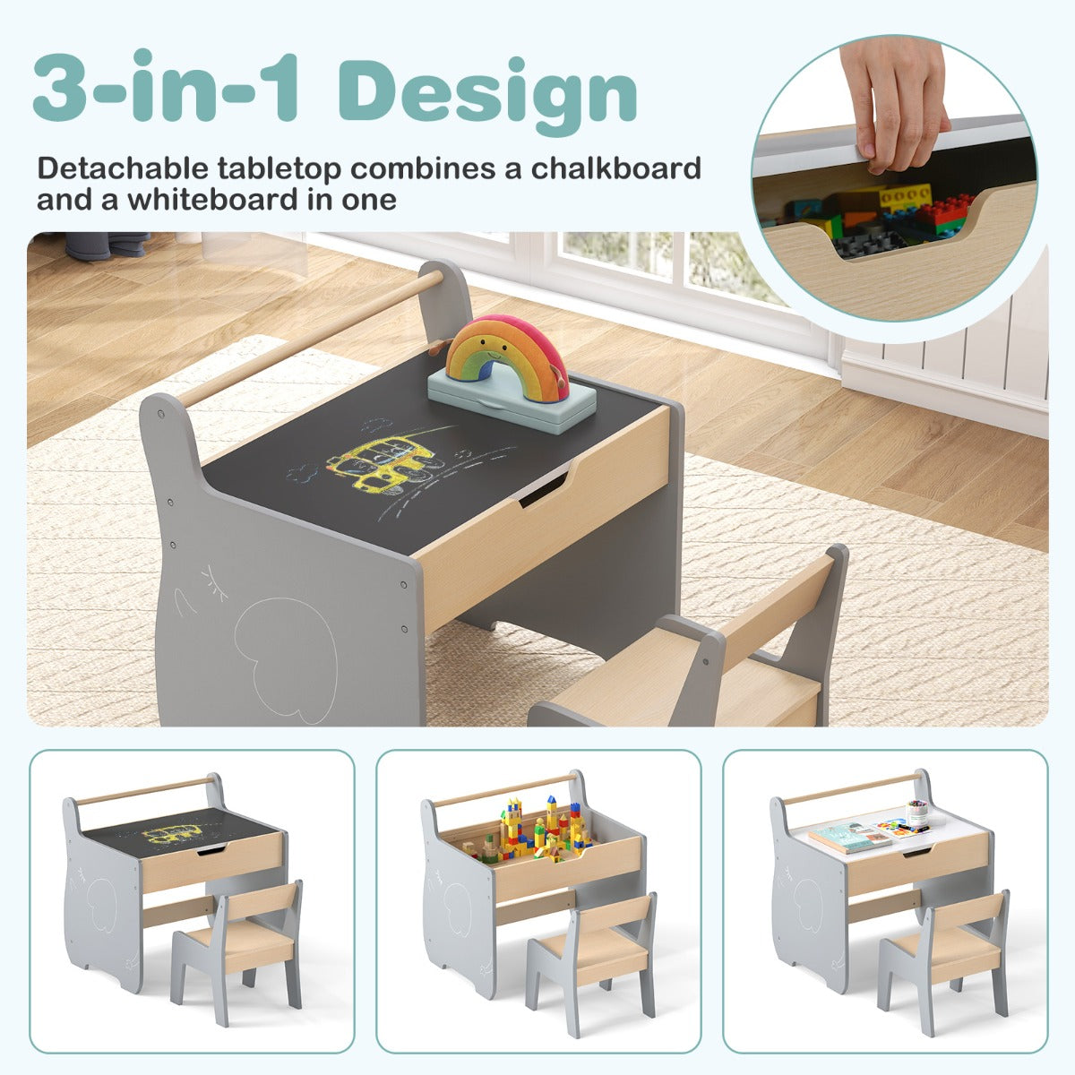 LIVSK 3-in-1 Kindertafel en Stoelset - Afneembaar Whiteboard- en Krijtbordoppervlak - Ingebouwde Opbergruimte - Grijs