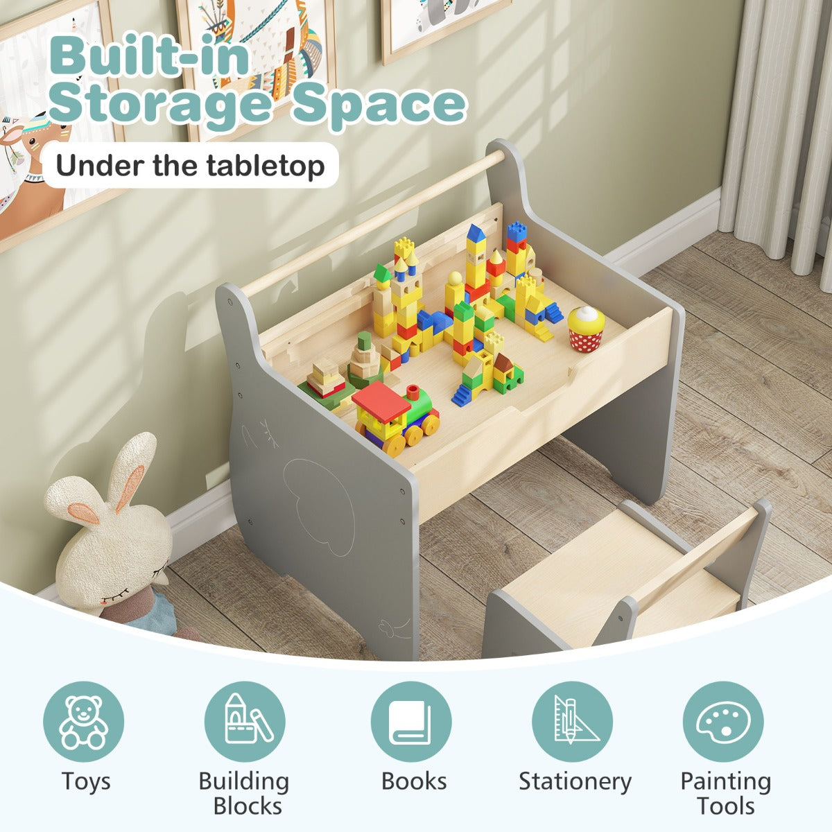 LIVSK 3-in-1 Kindertafel en Stoelset - Afneembaar Whiteboard- en Krijtbordoppervlak - Ingebouwde Opbergruimte - Grijs