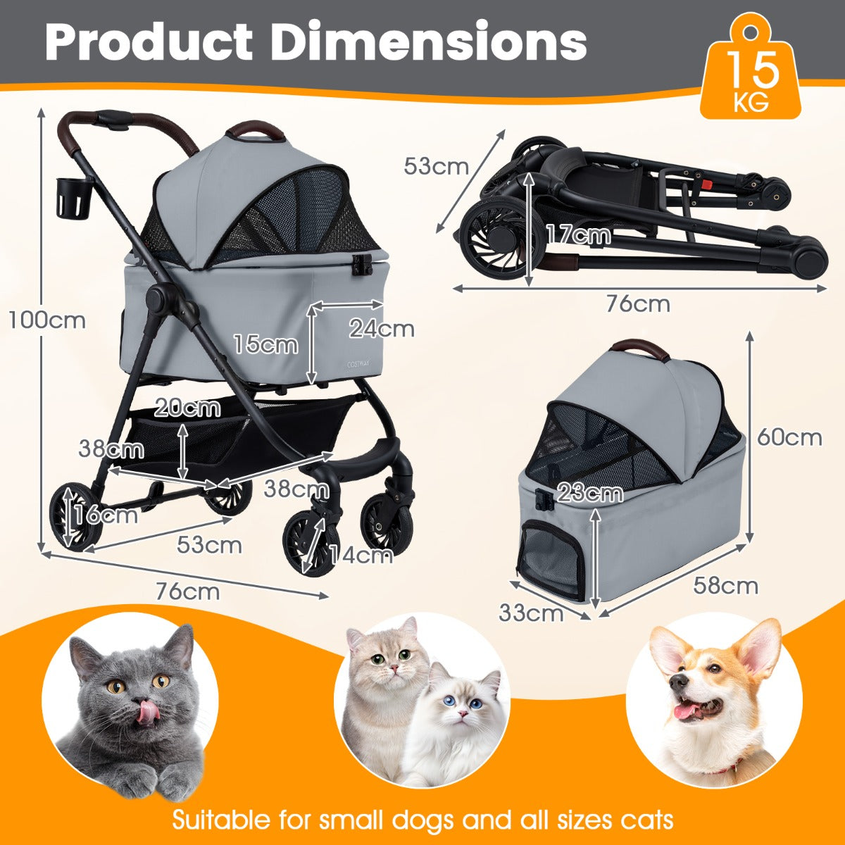 Livsk costway 3 in 1 huisdierenbuggy met een hand opvouwbare hondenbuggy met afneembare drager verstelbare netkap opbergmand grijs 2