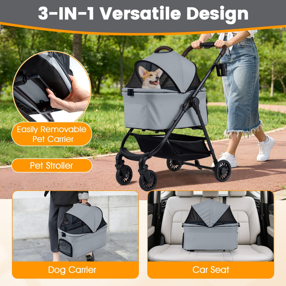 Livsk costway 3 in 1 huisdierenbuggy met een hand opvouwbare hondenbuggy met afneembare drager verstelbare netkap opbergmand grijs 4