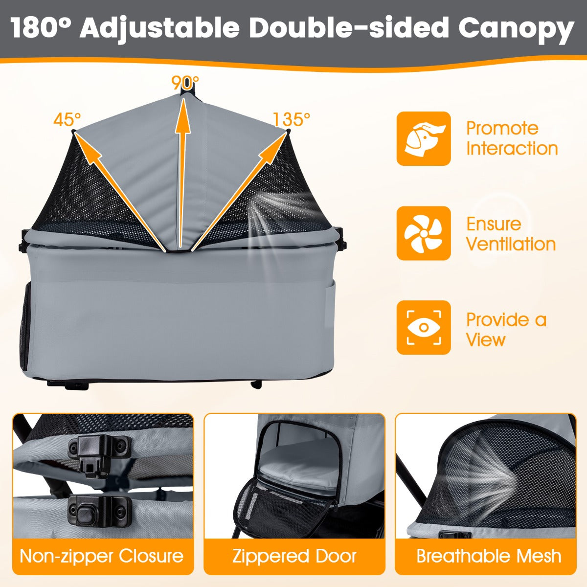 Livsk costway 3 in 1 huisdierenbuggy met een hand opvouwbare hondenbuggy met afneembare drager verstelbare netkap opbergmand grijs 6