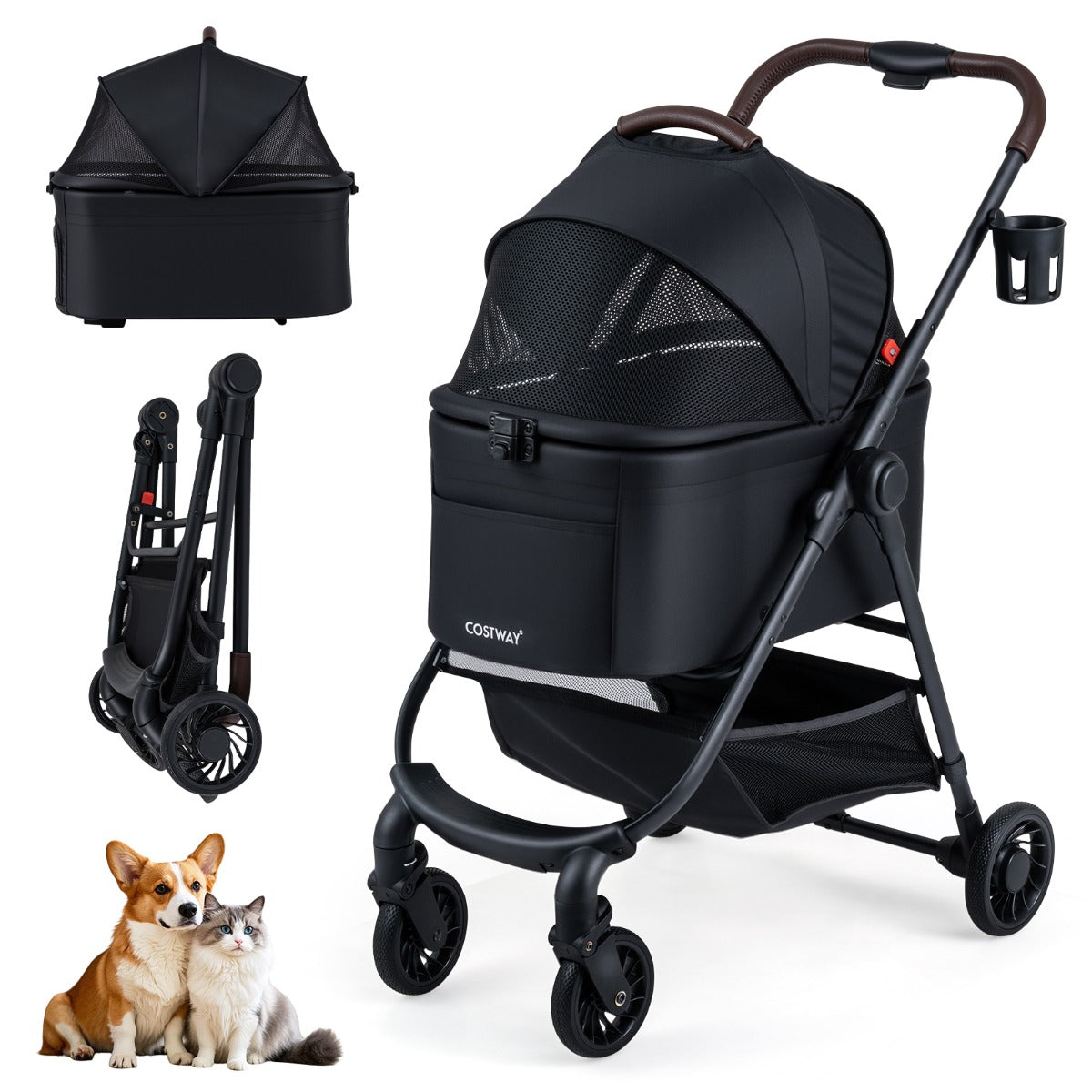 Livsk costway 3 in 1 huisdierenbuggy met een hand opvouwbare hondenbuggy met afneembare drager verstelbare netkap opbergmand zwart 1 1