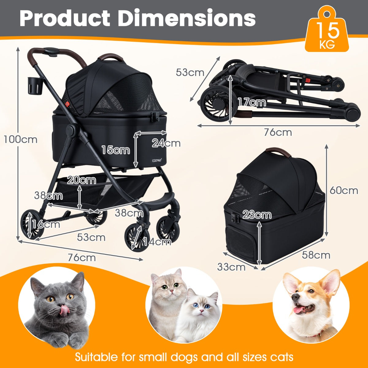 Livsk costway 3 in 1 huisdierenbuggy met een hand opvouwbare hondenbuggy met afneembare drager verstelbare netkap opbergmand zwart 2