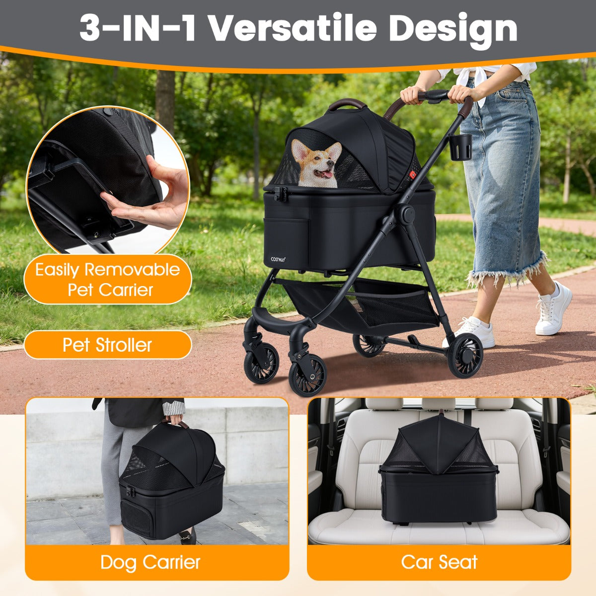 Livsk costway 3 in 1 huisdierenbuggy met een hand opvouwbare hondenbuggy met afneembare drager verstelbare netkap opbergmand zwart 4