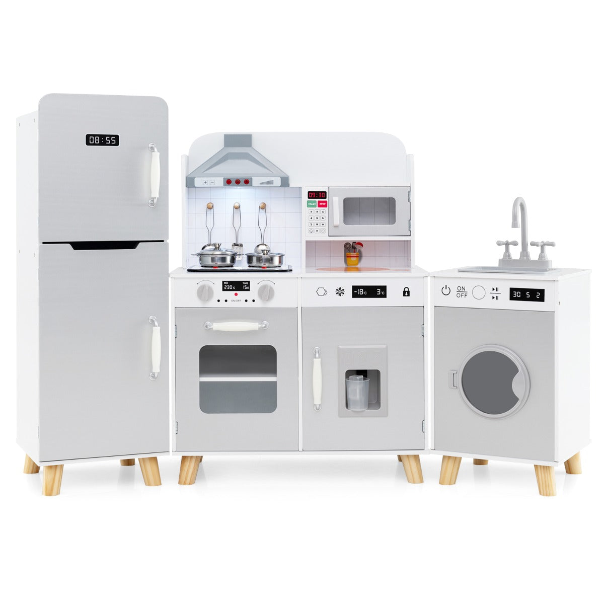 LIVSK 3-in-1 Speelkeuken voor Kinderen - Koelkast, Fornuis, Wasmachine - Met Keukenaccessoires - Voor 3 jaar en ouder - Grijs