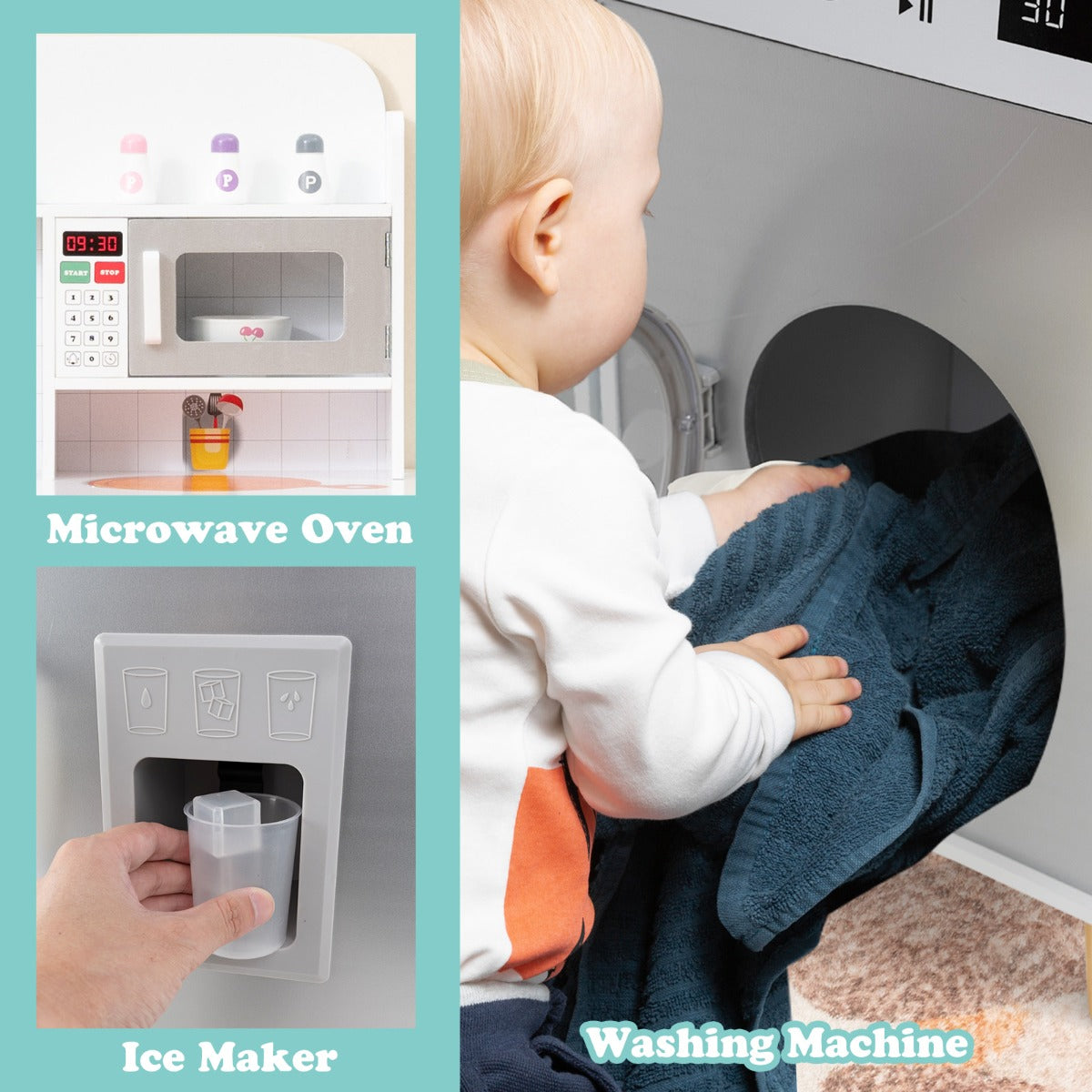 LIVSK 3-in-1 Speelkeuken voor Kinderen - Koelkast, Fornuis, Wasmachine - Met Keukenaccessoires - Voor 3 jaar en ouder - Grijs