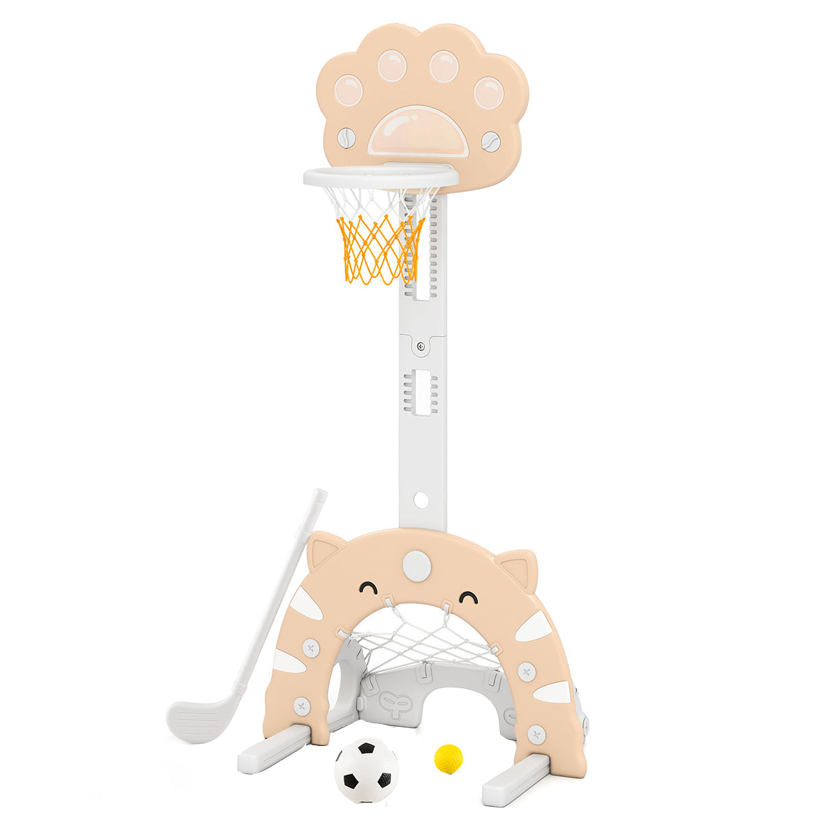 LIVSK 3-in-1 Kinder-basketbalring - Basketbal, Voetbal, Golf - Verstelbare Hoogte 64-125 cm - Veilig PP en HDPE - Grijs + Mokka
