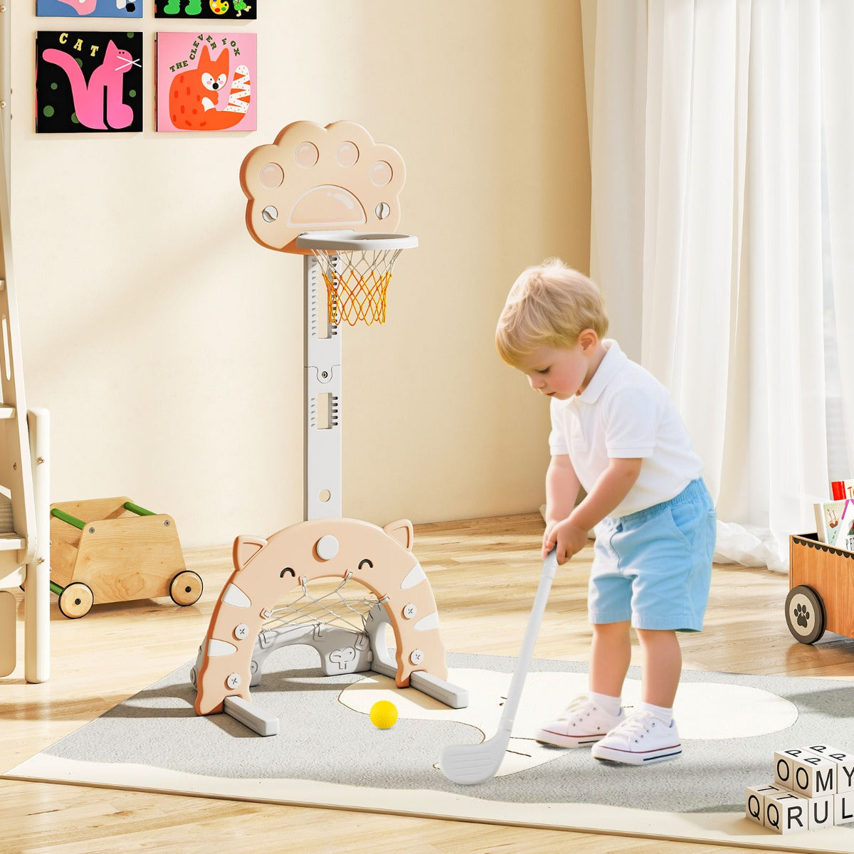 LIVSK 3-in-1 Kinder-basketbalring - Basketbal, Voetbal, Golf - Verstelbare Hoogte 64-125 cm - Veilig PP en HDPE - Grijs + Mokka
