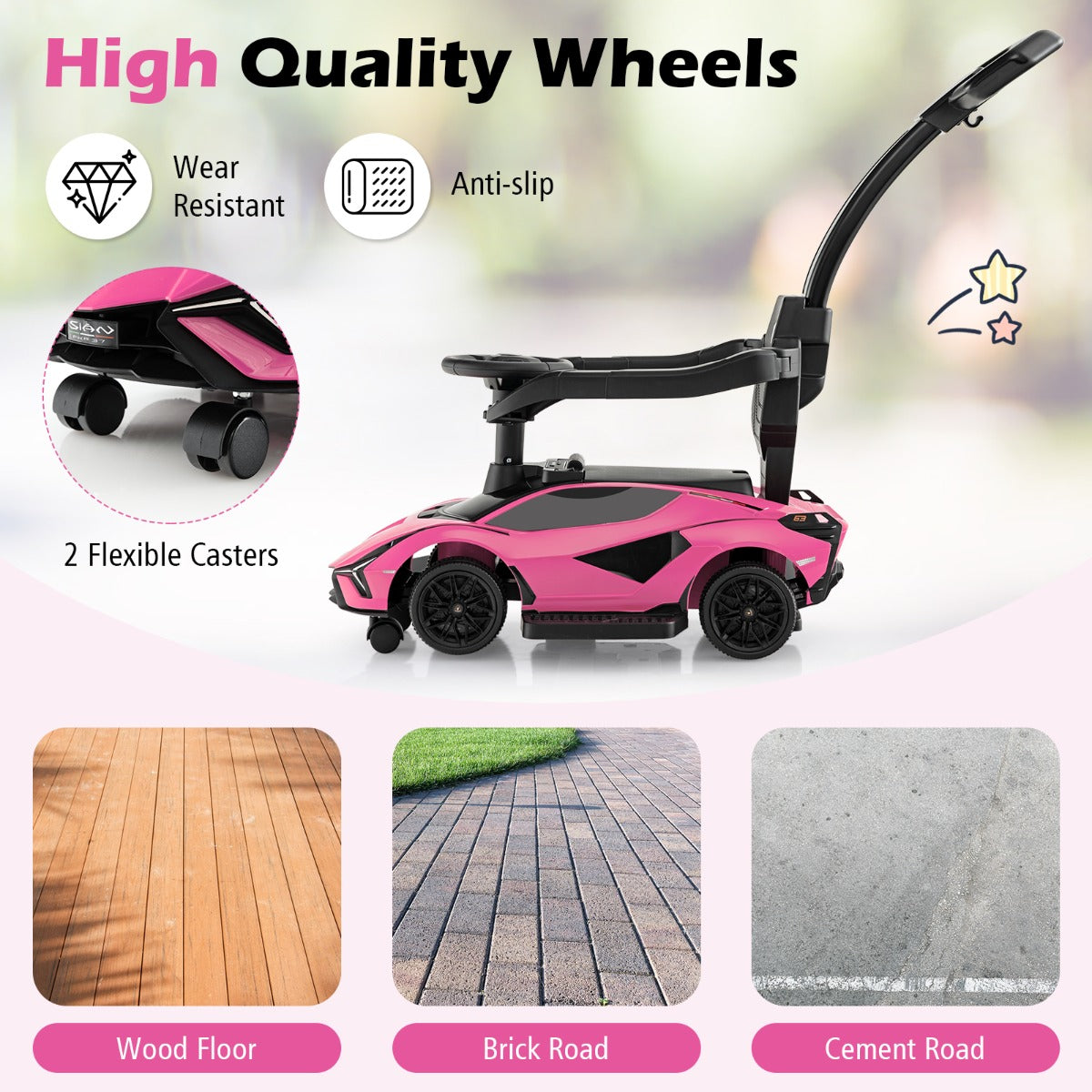 Livsk costway 3 in 1 kinderduwauto gelijkvloerse auto met lamborghini licentie muziek koplampen afneembare universele wielen roze