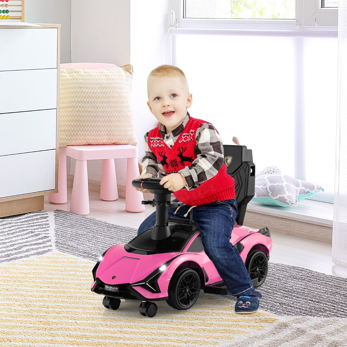 Livsk costway 3 in 1 kinderduwauto gelijkvloerse auto met lamborghini licentie muziek koplampen afneembare universele wielen roze