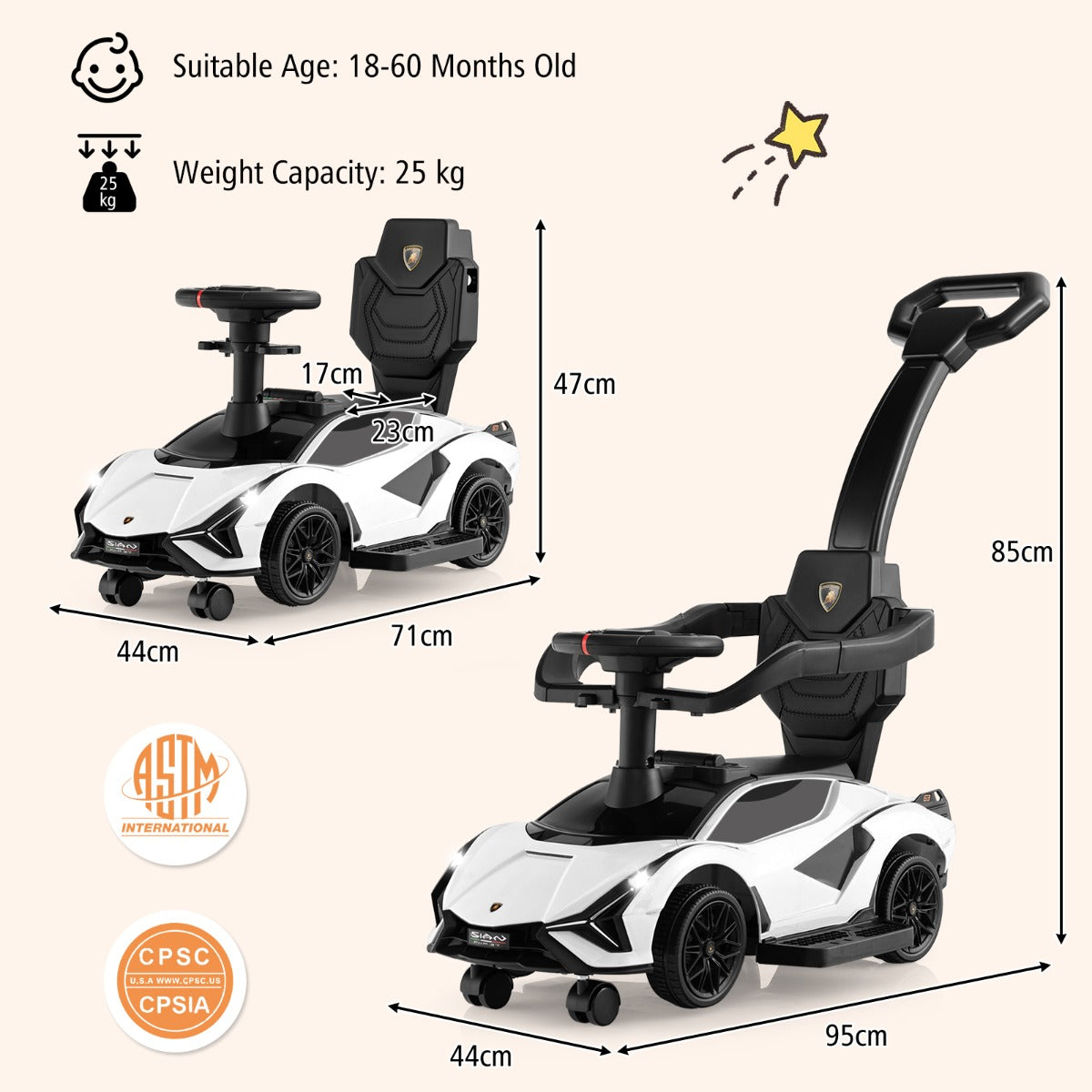 LIVSK Lamborghini Loopauto - 3-in-1 Ontwerp met Duwbeugel - Muziek en Koplampen - Tot 25 kg - Wit/Zwart/Roze