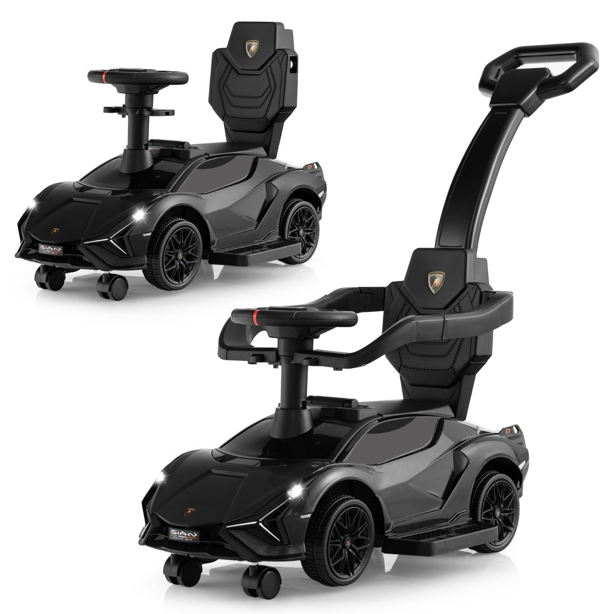 LIVSK 3-in-1 Loopauto - Lamborghini Gelijkvloers - Afneembare Leuningen - Universele Wielen - Tot 25 kg - Wit/Zwart/Roze