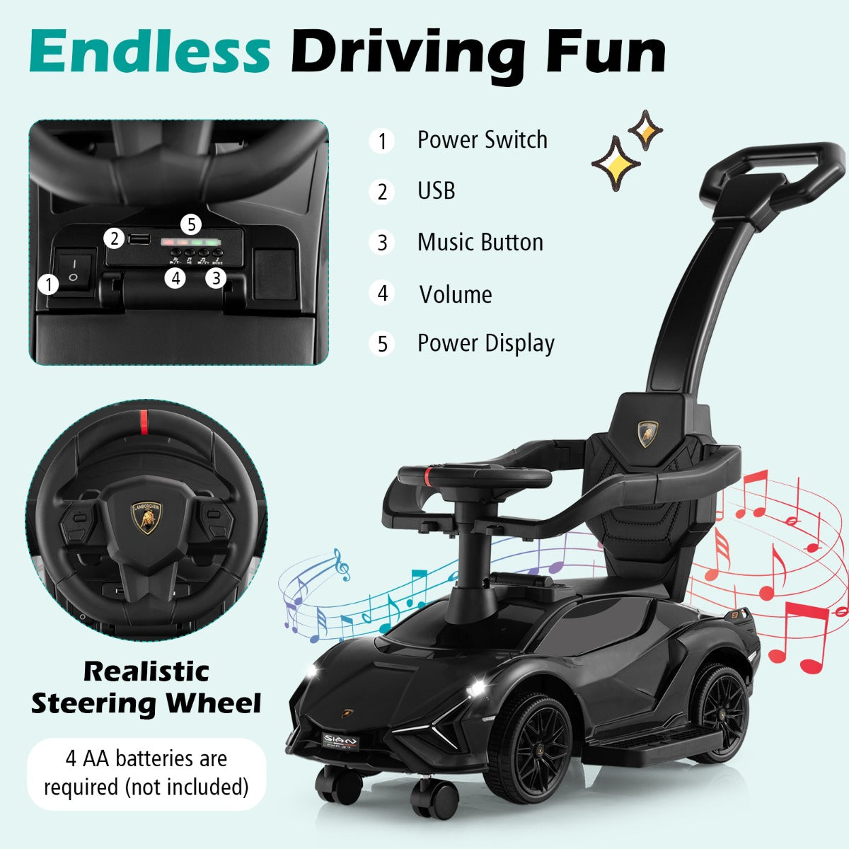 LIVSK 3-in-1 Loopauto - Lamborghini Gelijkvloers - Afneembare Leuningen - Universele Wielen - Tot 25 kg - Wit/Zwart/Roze