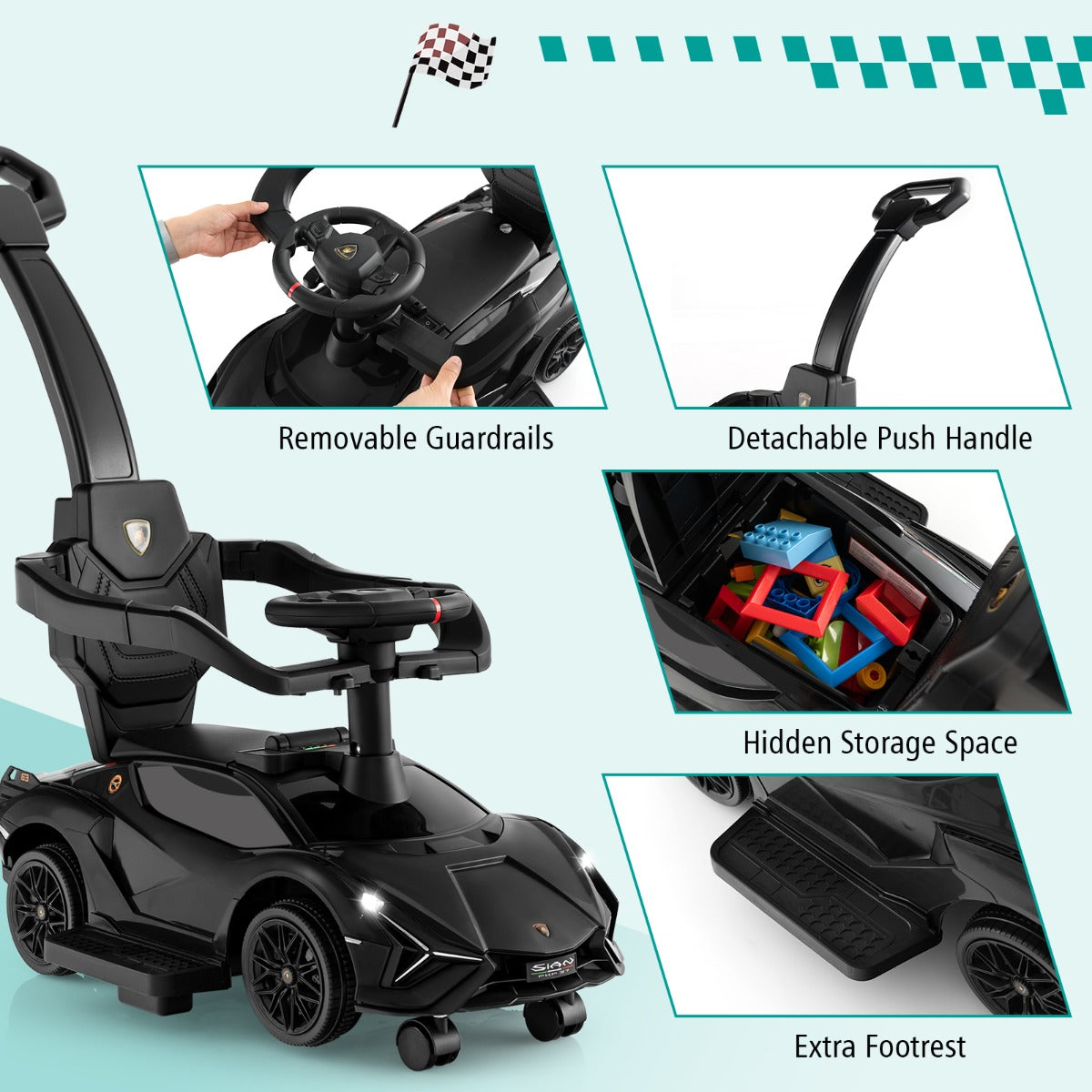 LIVSK 3-in-1 Loopauto - Lamborghini Gelijkvloers - Afneembare Leuningen - Universele Wielen - Tot 25 kg - Wit/Zwart/Roze