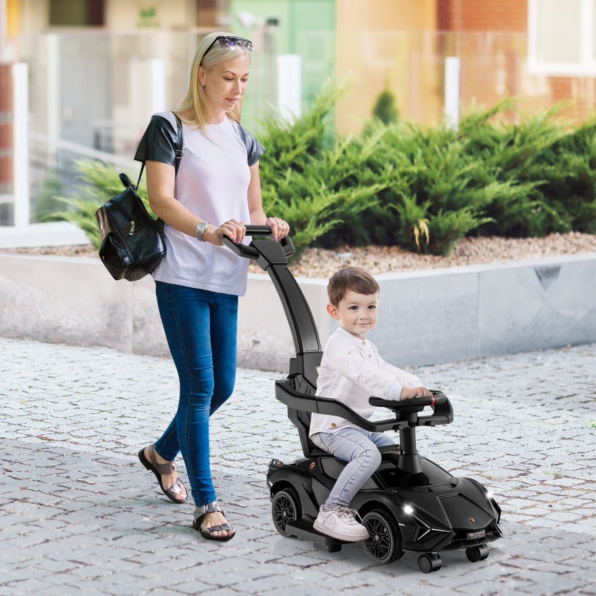 LIVSK 3-in-1 Loopauto - Lamborghini Gelijkvloers - Afneembare Leuningen - Universele Wielen - Tot 25 kg - Wit/Zwart/Roze