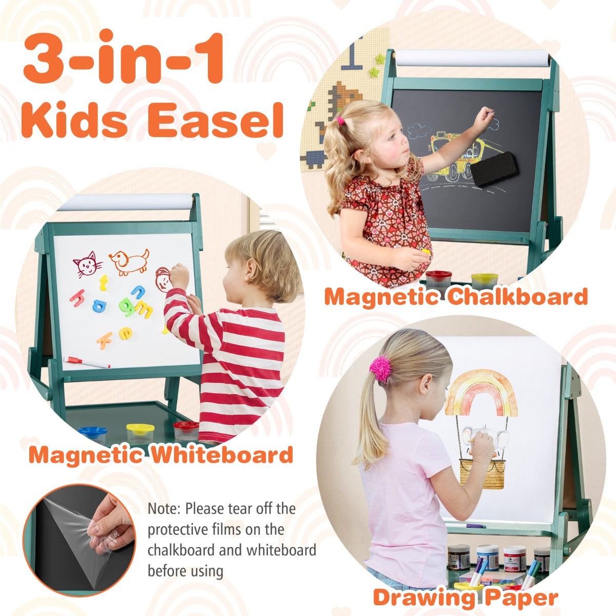 LIVSK 3-in-1 Kinder-ezel - Dubbelzijdig Schoolbord en Whiteboard - Inclusief Papierrol en Opbergbakken - Voor 3-6 jaar - Wit/Roze