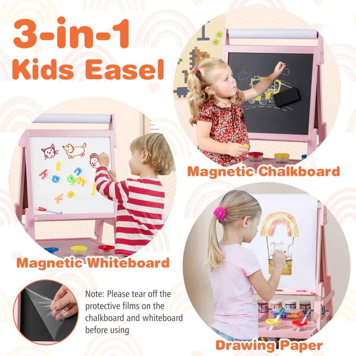 LIVSK 3-in-1 Kinder-ezel met Schoolbord en Whiteboard - Inclusief Opbergbakken en Papierrol - Voor 3-6 jaar - Wit/Roze