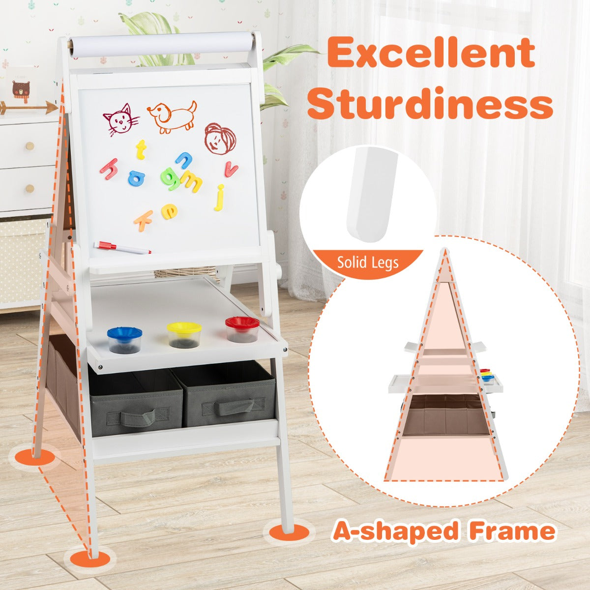 LIVSK 3-in-1 Dubbelzijdige Kinder Ezel - Magnetisch Schoolbord en Whiteboard - Vervangbare Papierrol - Inclusief Opbergbakken -
