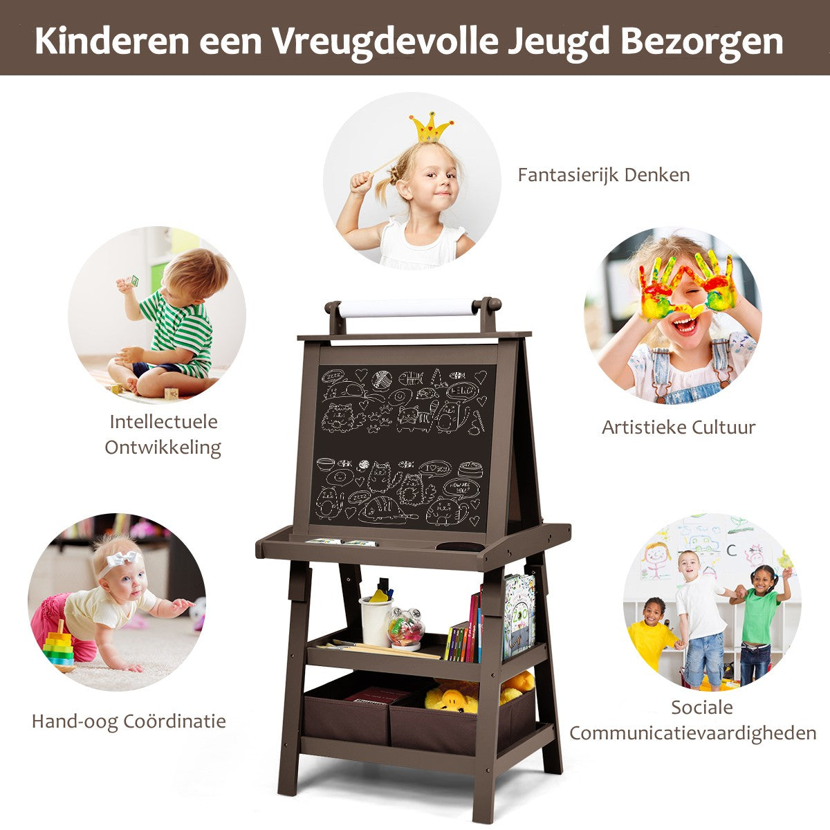 LIVSK 3-in-1 Schildersezel - Dubbelzijdig Magnetisch Whiteboard en Krijtbord - Opbergruimte - Voor Kinderen vanaf 3 jaar - Koffie
