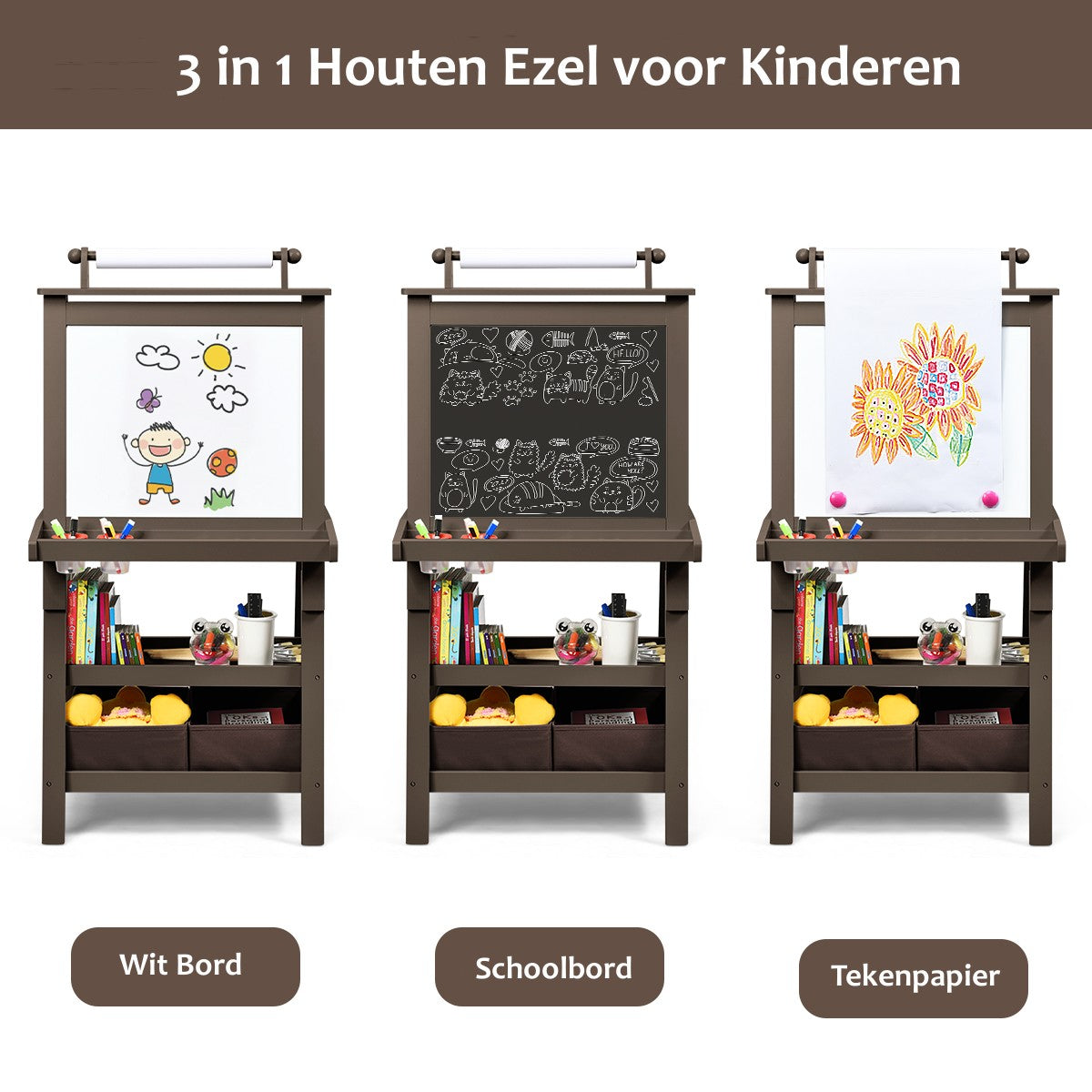 LIVSK 3-in-1 Schildersezel - Dubbelzijdig Magnetisch Whiteboard en Krijtbord - Opbergruimte - Voor Kinderen vanaf 3 jaar - Koffie