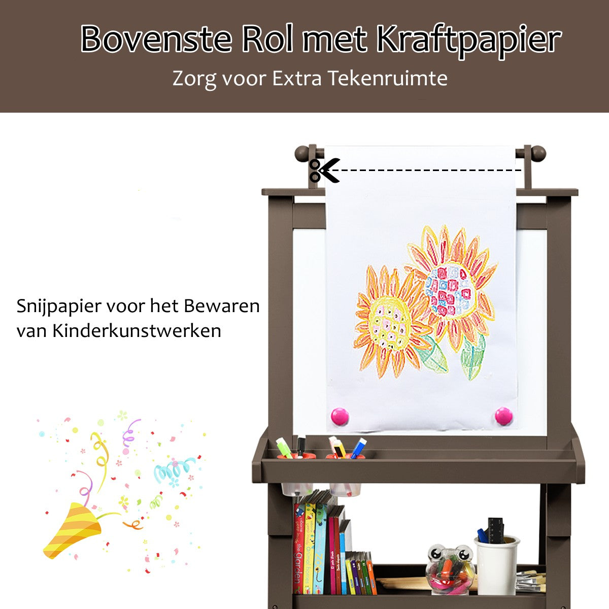 LIVSK 3-in-1 Schildersezel - Dubbelzijdig Magnetisch Whiteboard en Krijtbord - Opbergruimte - Voor Kinderen vanaf 3 jaar - Koffie