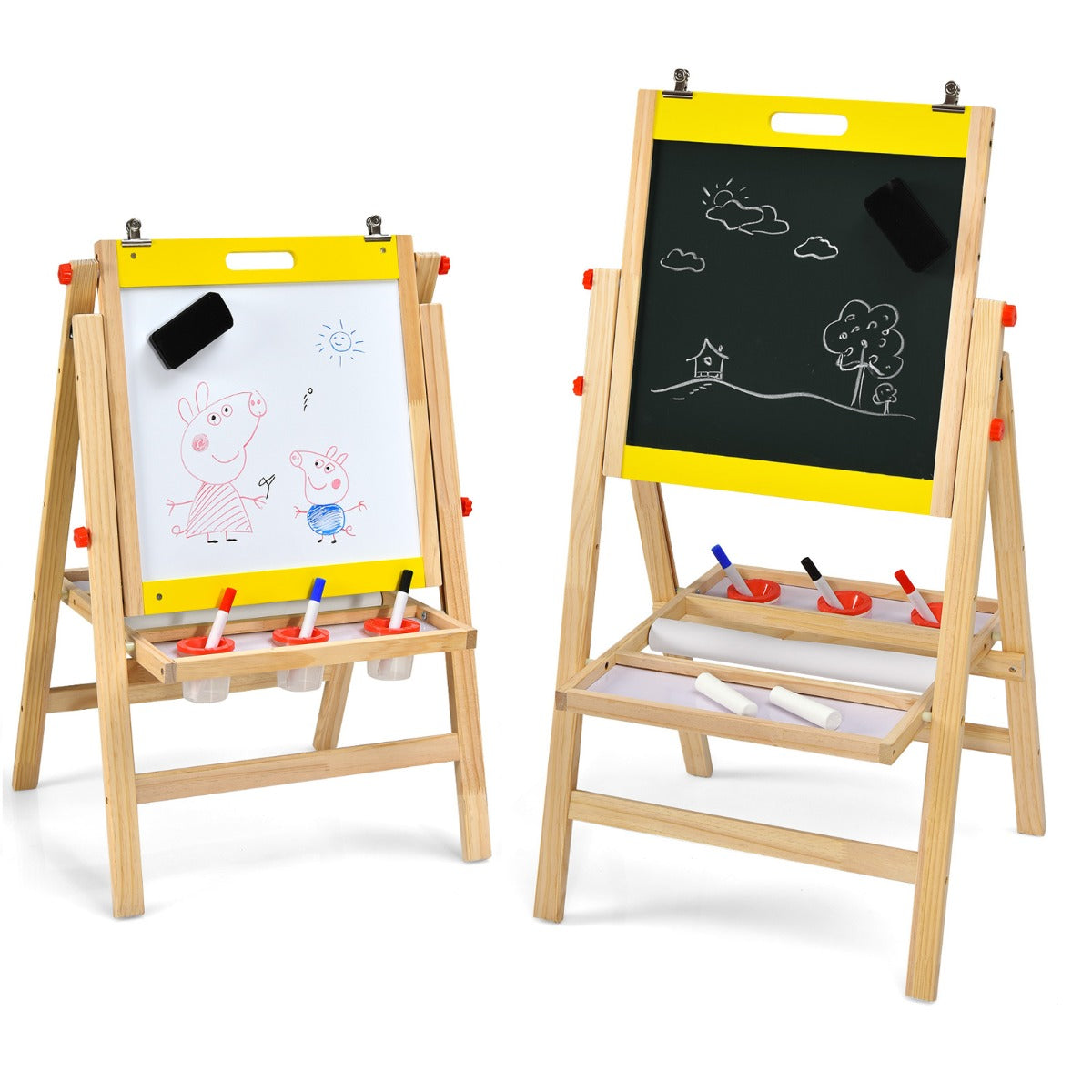 LIVSK Verstelbare Kinderezel - 3-in-1 Whiteboard, Schoolbord, Papierrol - Inclusief Accessoires - Hoogte 79-104 cm - Natuur + Geel