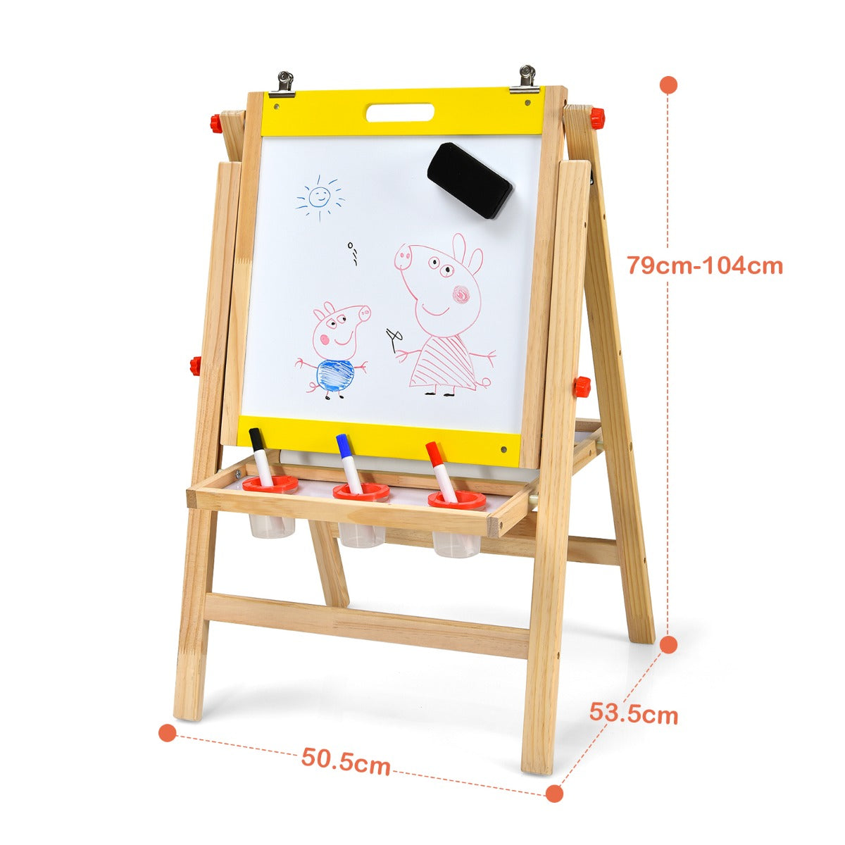 LIVSK Verstelbare Kinderezel - 3-in-1 Whiteboard, Schoolbord, Papierrol - Inclusief Accessoires - Hoogte 79-104 cm - Natuur + Geel
