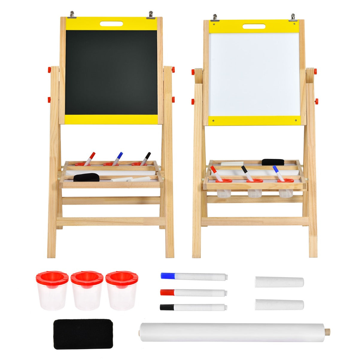 LIVSK Verstelbare Kinderezel - 3-in-1 Whiteboard, Schoolbord, Papierrol - Inclusief Accessoires - Hoogte 79-104 cm - Natuur + Geel