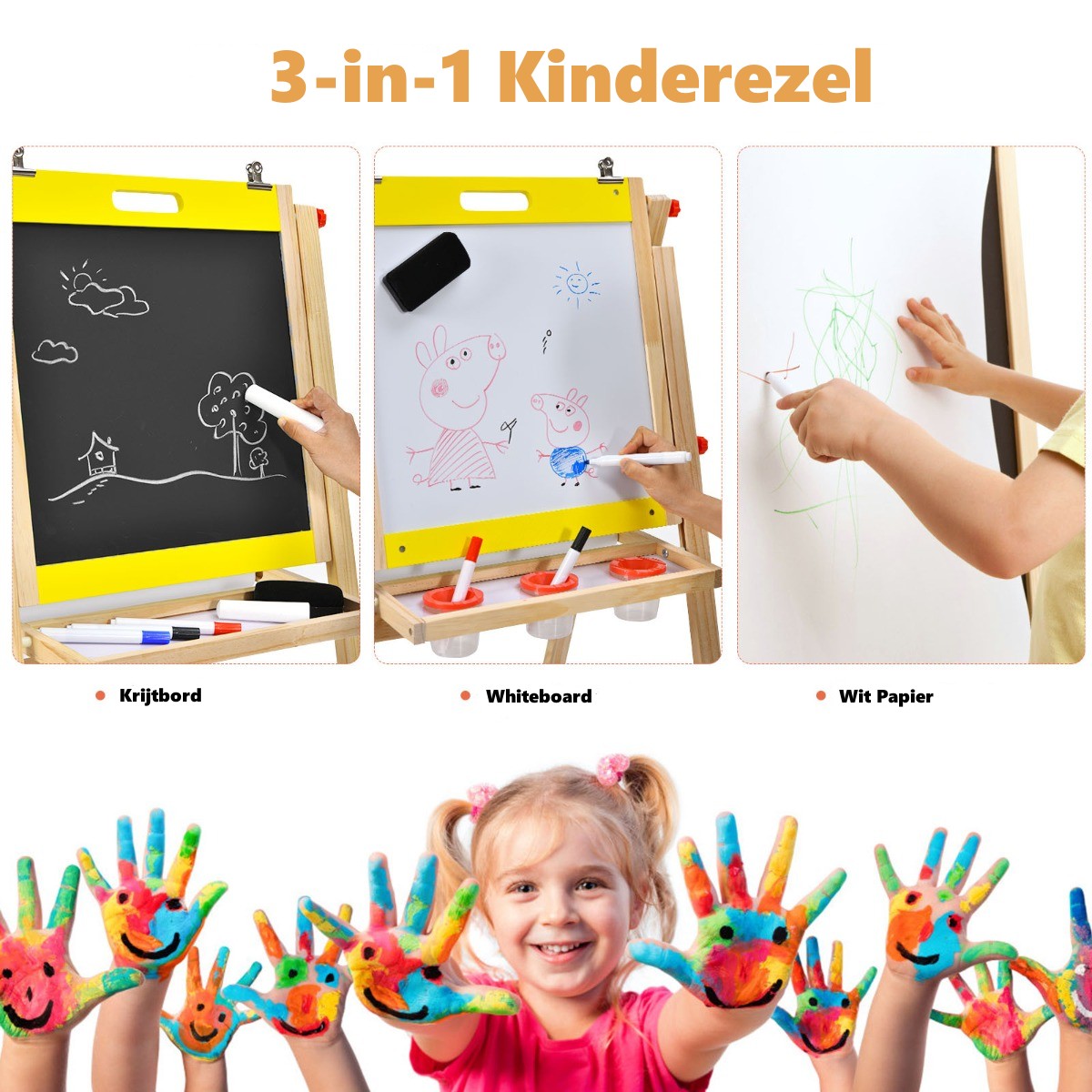 LIVSK Verstelbare Kinderezel - 3-in-1 Whiteboard, Schoolbord, Papierrol - Inclusief Accessoires - Hoogte 79-104 cm - Natuur + Geel