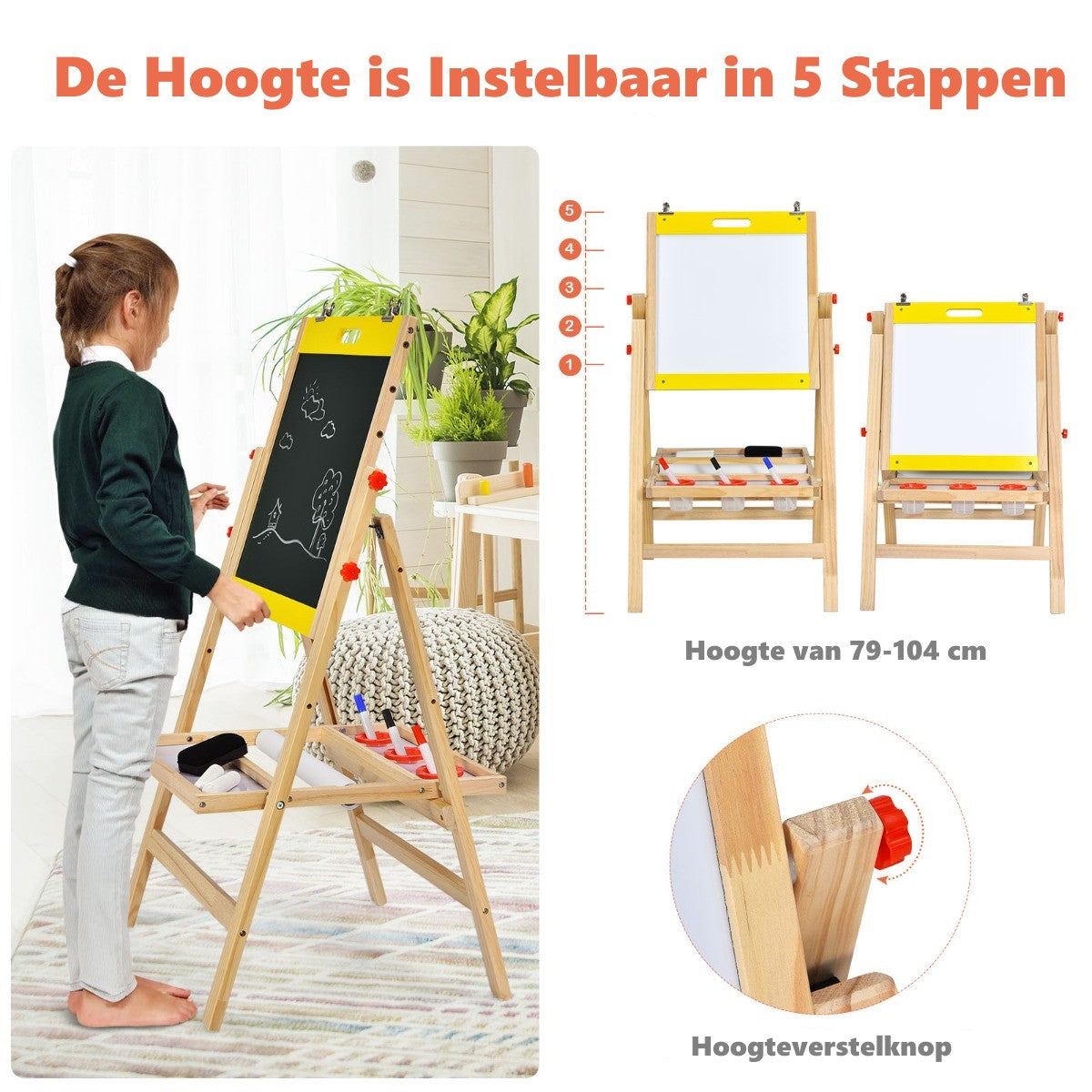 LIVSK Verstelbare Kinderezel - 3-in-1 Whiteboard, Schoolbord, Papierrol - Inclusief Accessoires - Hoogte 79-104 cm - Natuur + Geel