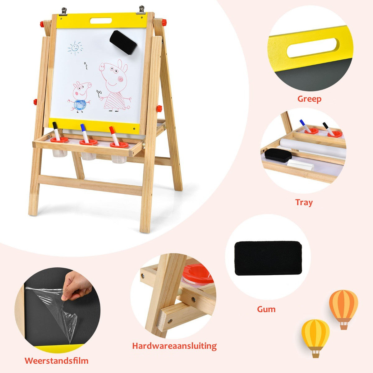 LIVSK Verstelbare Kinderezel - 3-in-1 Whiteboard, Schoolbord, Papierrol - Inclusief Accessoires - Hoogte 79-104 cm - Natuur + Geel