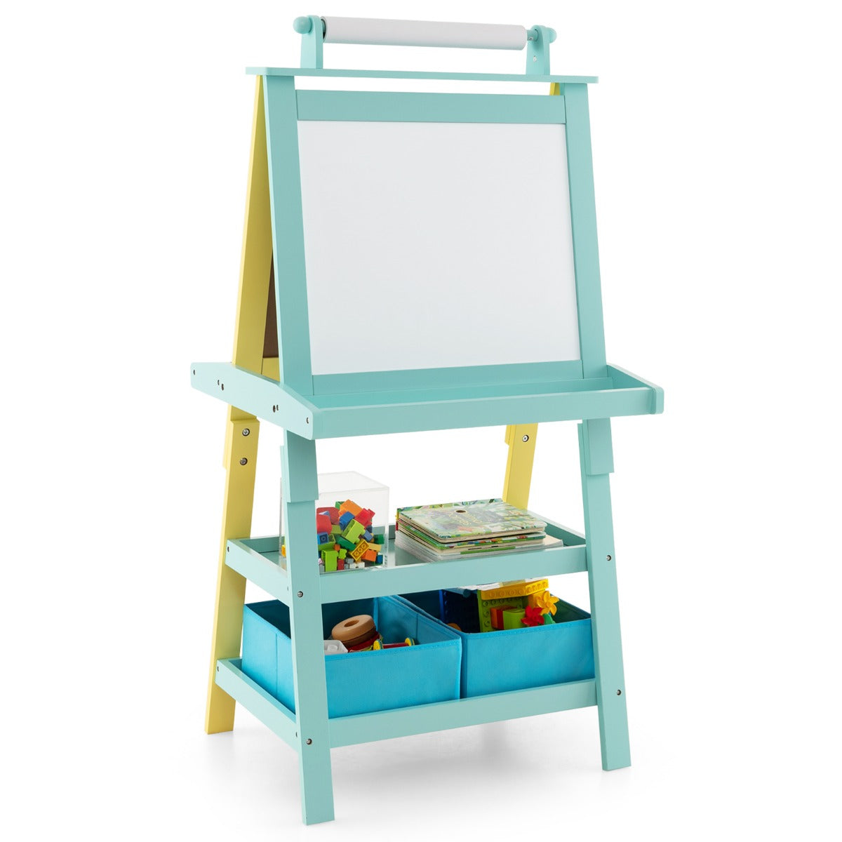 LIVSK 3-in-1 Schildersezel - Dubbelzijdig Whiteboard & Krijtbord - Opbergdozen - Veilig en Stabiel - 59 x 50 x 117 cm - Blauw +