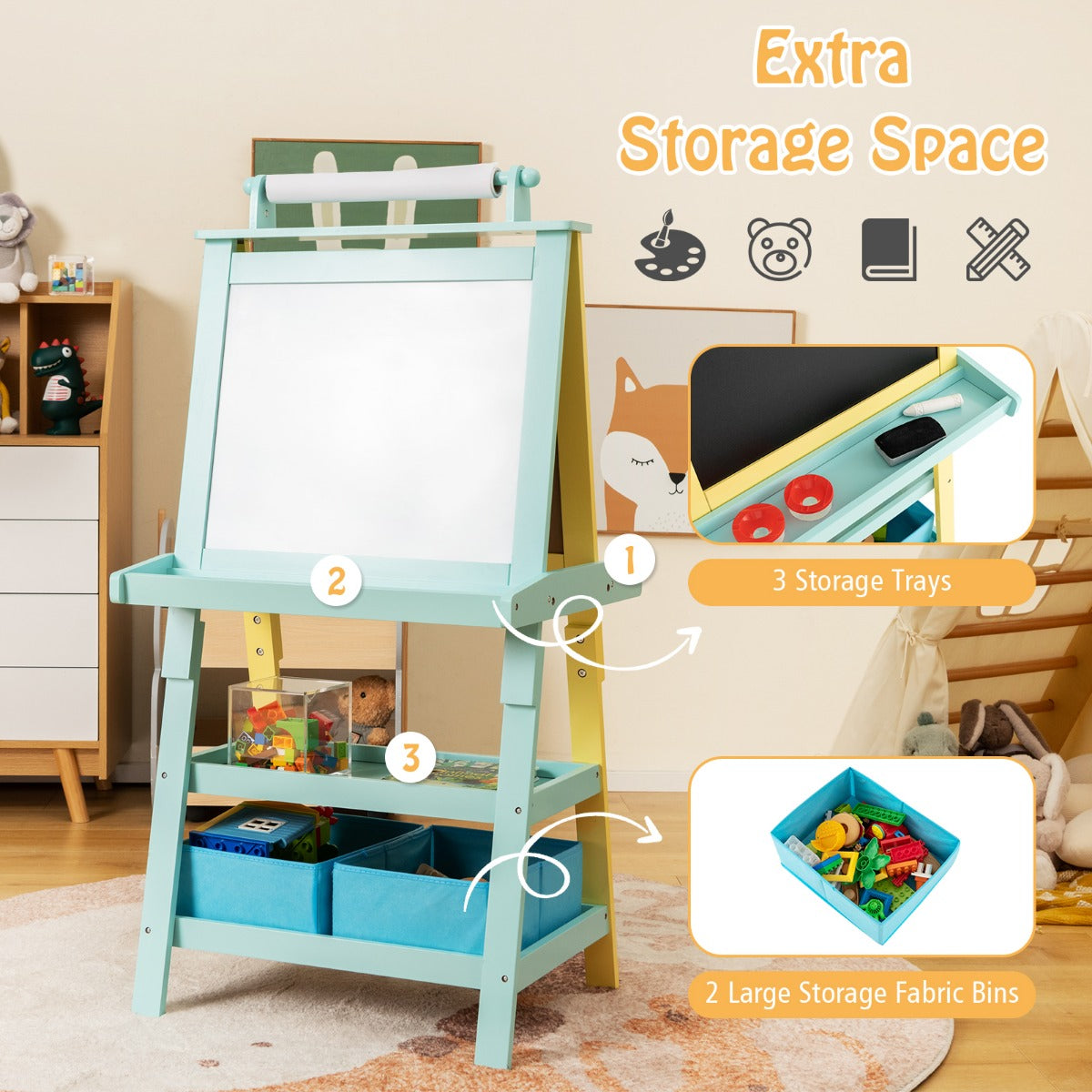 LIVSK 3-in-1 Schildersezel - Dubbelzijdig Whiteboard & Krijtbord - Opbergdozen - Veilig en Stabiel - 59 x 50 x 117 cm - Blauw +