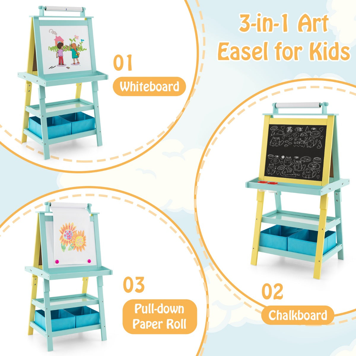 LIVSK 3-in-1 Schildersezel - Dubbelzijdig Whiteboard & Krijtbord - Opbergdozen - Veilig en Stabiel - 59 x 50 x 117 cm - Blauw +