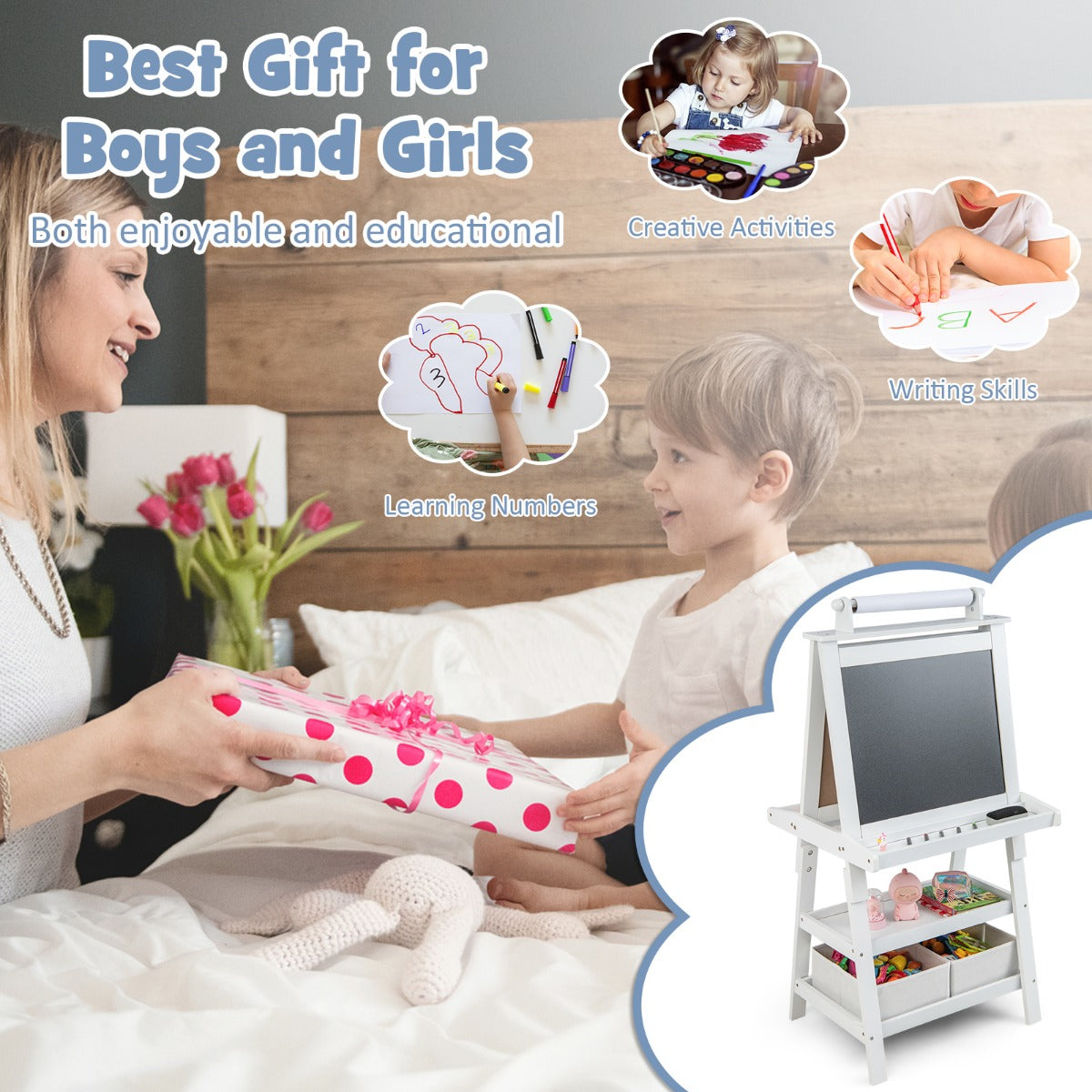 LIVSK 3-in-1 Schildersezel - Dubbelzijdig met Whiteboard, Krijtbord & Papierrol - Inclusief Opbergruimte - Beige