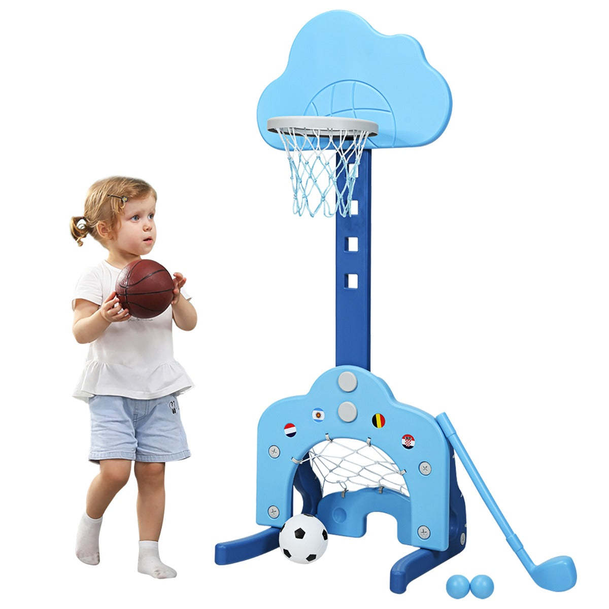 LIVSK 3-in-1 Basketbalset voor Kinderen - Verstelbare Hoogte 77-116 cm - Inclusief Voetbal en Golfclub - Veilig en Stabiel -