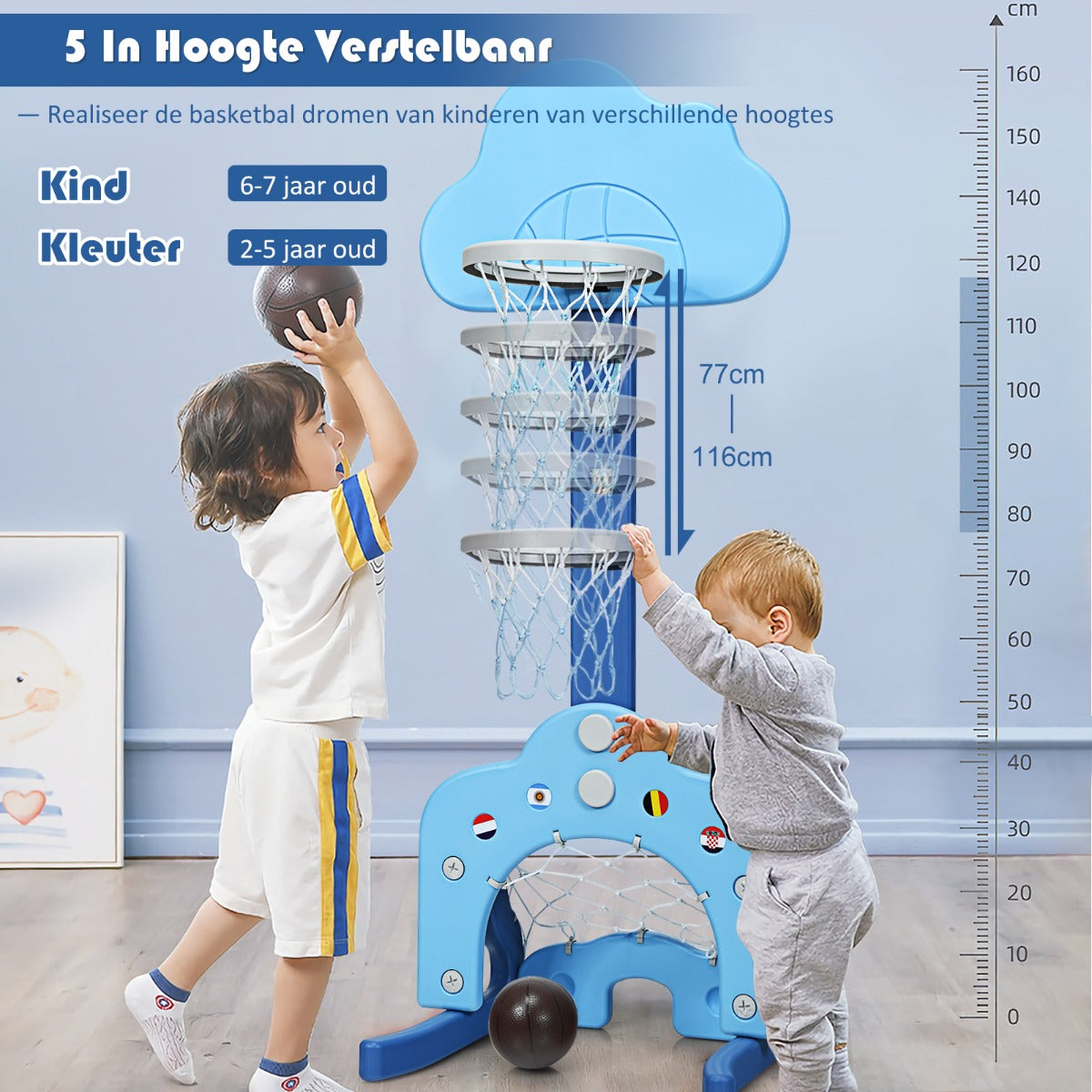 LIVSK 3-in-1 Basketbalset voor Kinderen - Verstelbare Hoogte 77-116 cm - Inclusief Voetbal en Golfclub - Veilig en Stabiel -