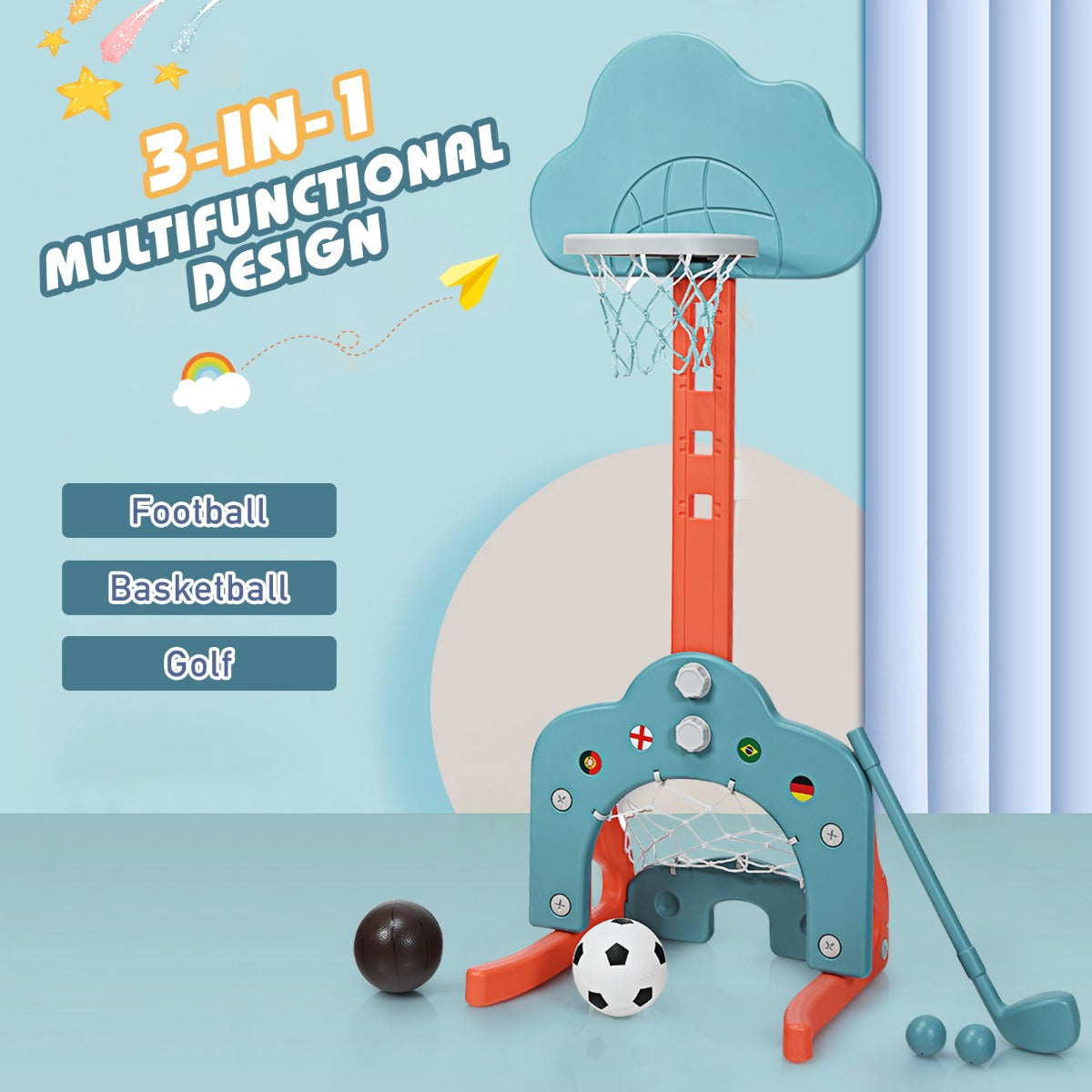 LIVSK 3-in-1 Kinderspeelplaats - Verstelbare Basketbalring 77-116 cm - Inclusief Ballen en Golfclub - Veilig en Stabiel - Groen