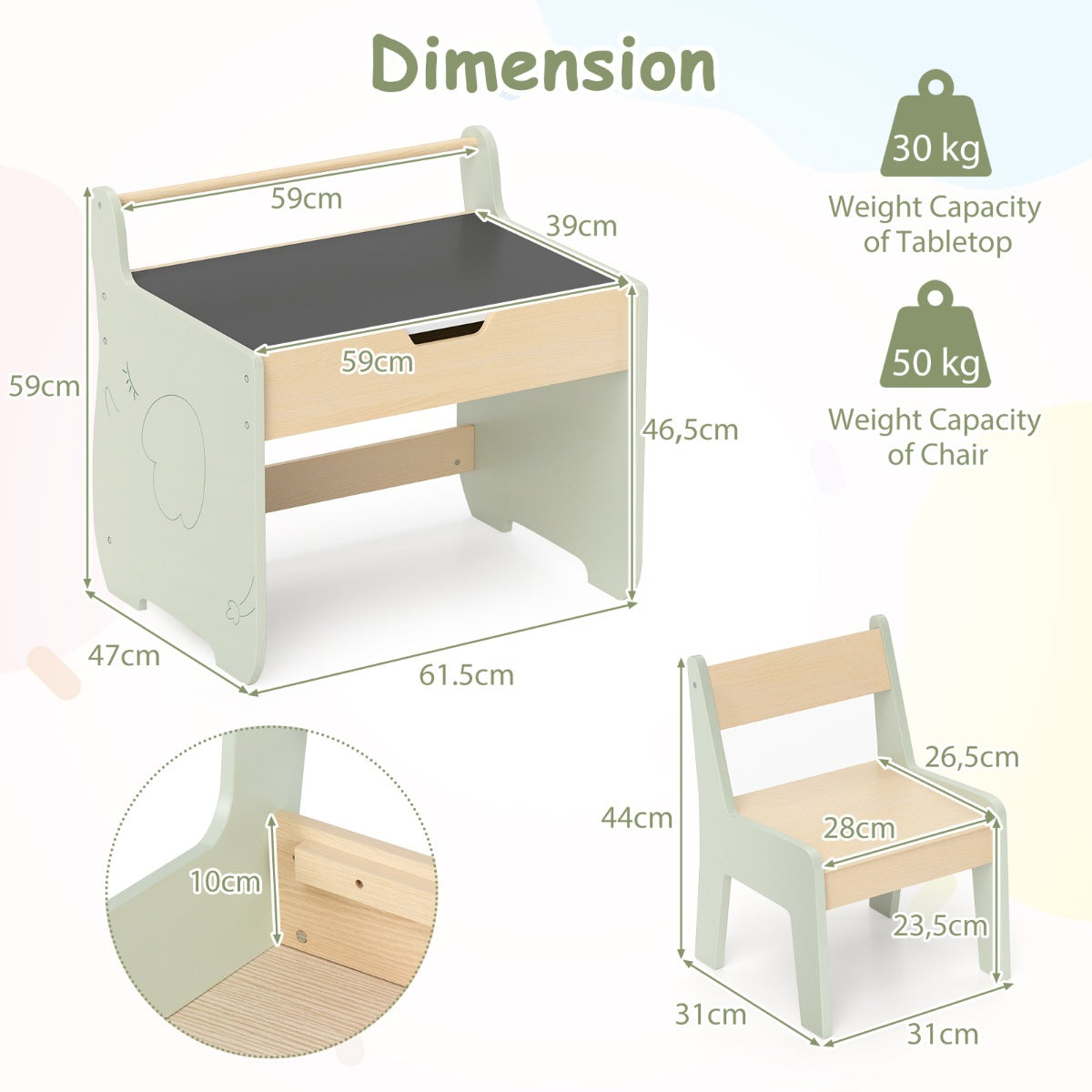 LIVSK 3-in-1 Kindertafel- en Stoelenset - Omkeerbaar Tafelblad - Ingebouwde Opbergruimte - Papierrollenhouder - Groen