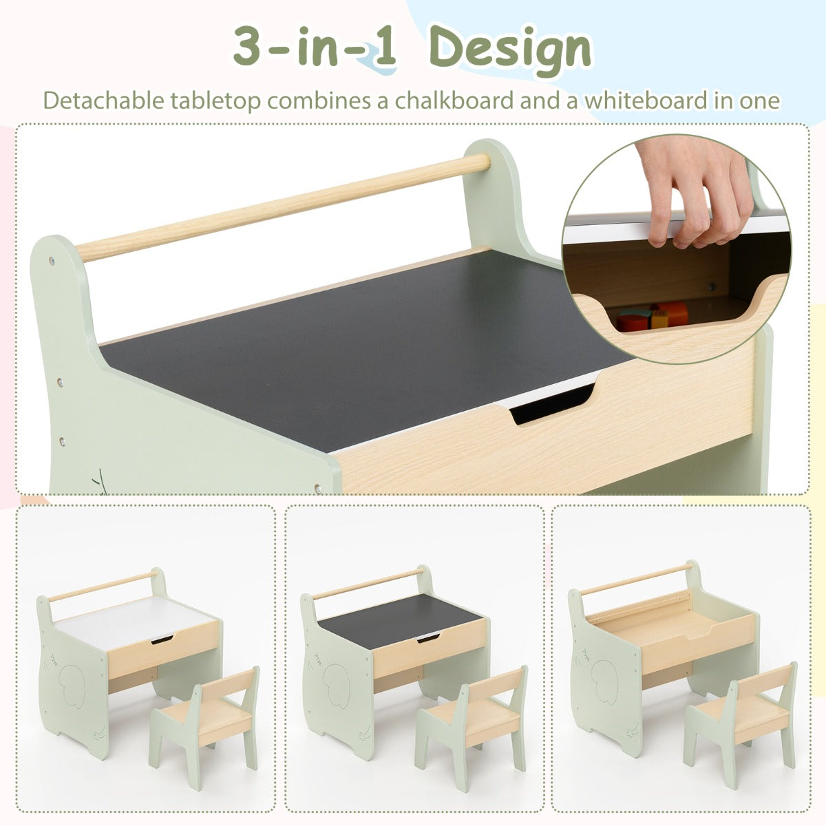 LIVSK 3-in-1 Kindertafel- en Stoelenset - Omkeerbaar Tafelblad - Ingebouwde Opbergruimte - Papierrollenhouder - Groen