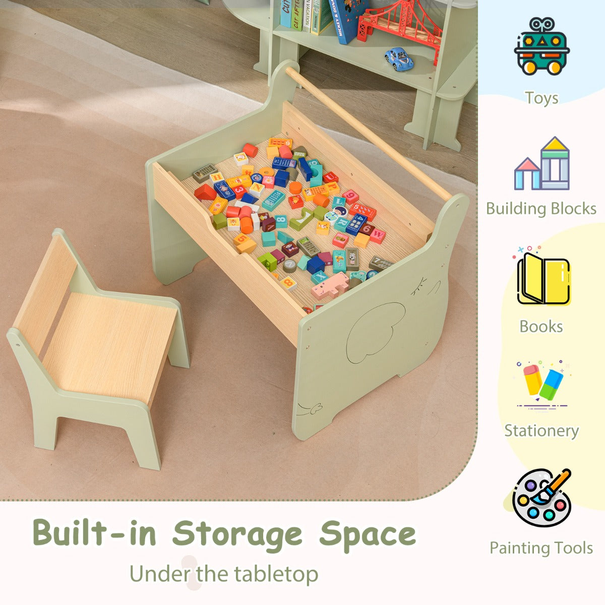 LIVSK 3-in-1 Kindertafel- en Stoelenset - Omkeerbaar Tafelblad - Ingebouwde Opbergruimte - Papierrollenhouder - Groen