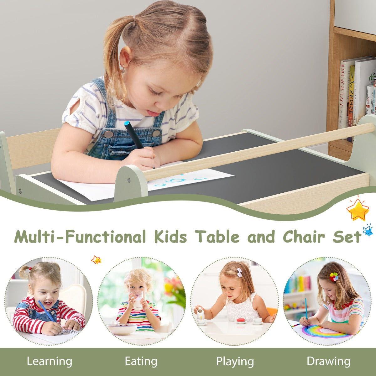 LIVSK 3-in-1 Kindertafel- en Stoelenset - Omkeerbaar Tafelblad - Ingebouwde Opbergruimte - Papierrollenhouder - Groen