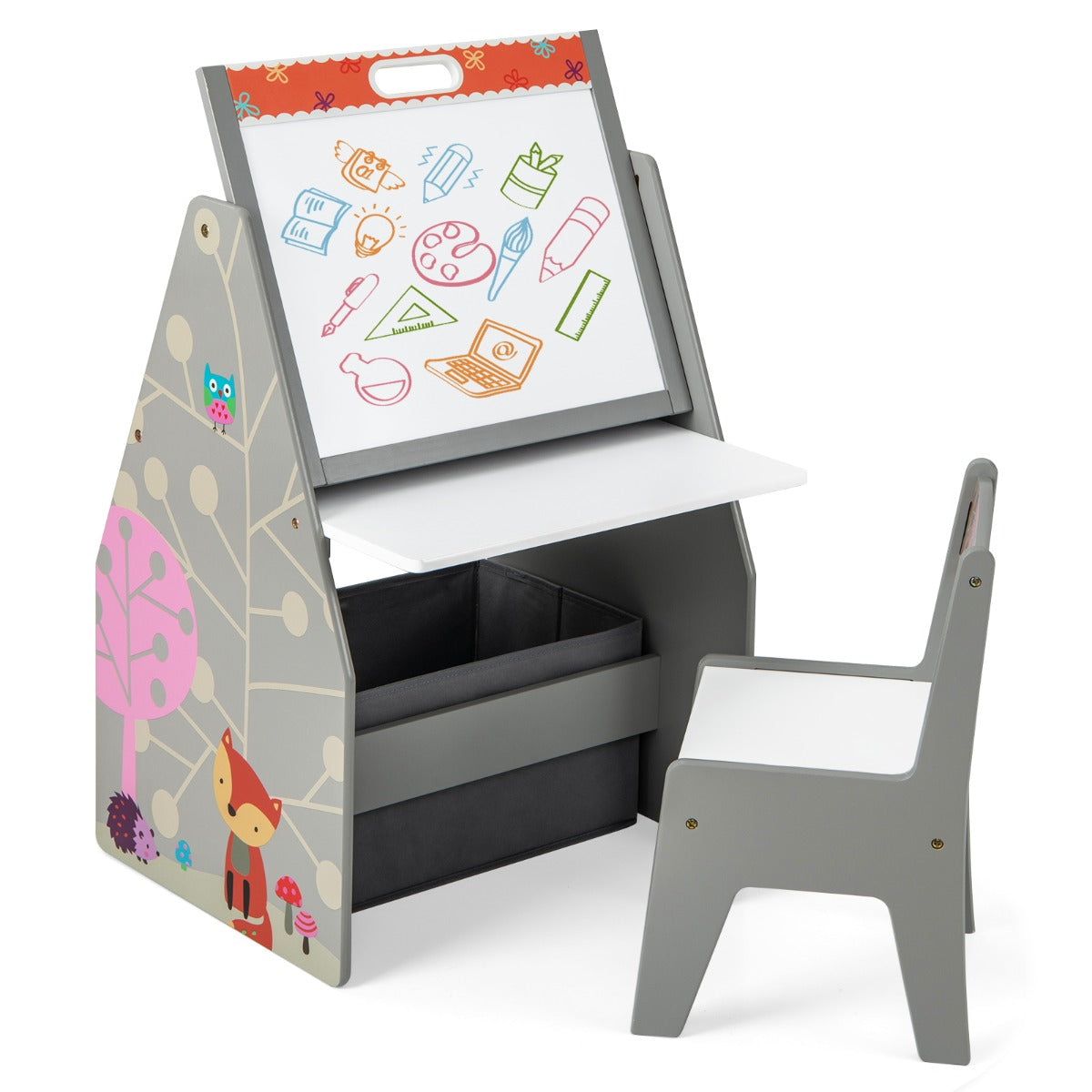 LIVSK Kinderkunstschildersezel - Dubbelzijdig Magnetisch Bord en Whiteboard - Tafel- en Stoelset - Opbergorganizer - Grijs