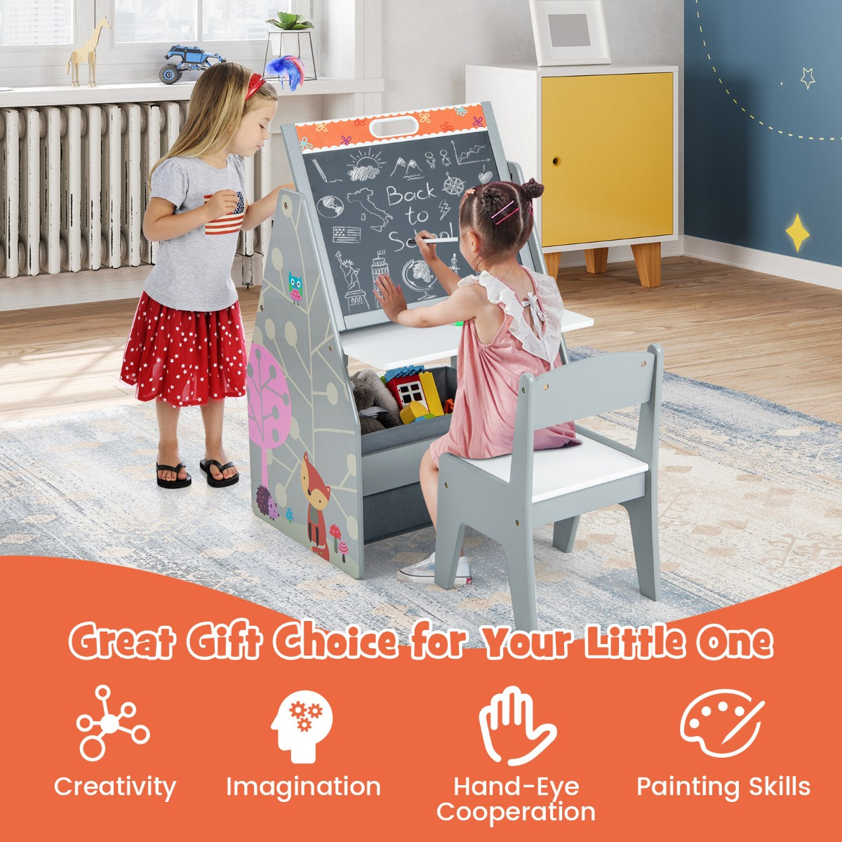 LIVSK Kinderkunstschildersezel - Dubbelzijdig Magnetisch Bord en Whiteboard - Tafel- en Stoelset - Opbergorganizer - Grijs