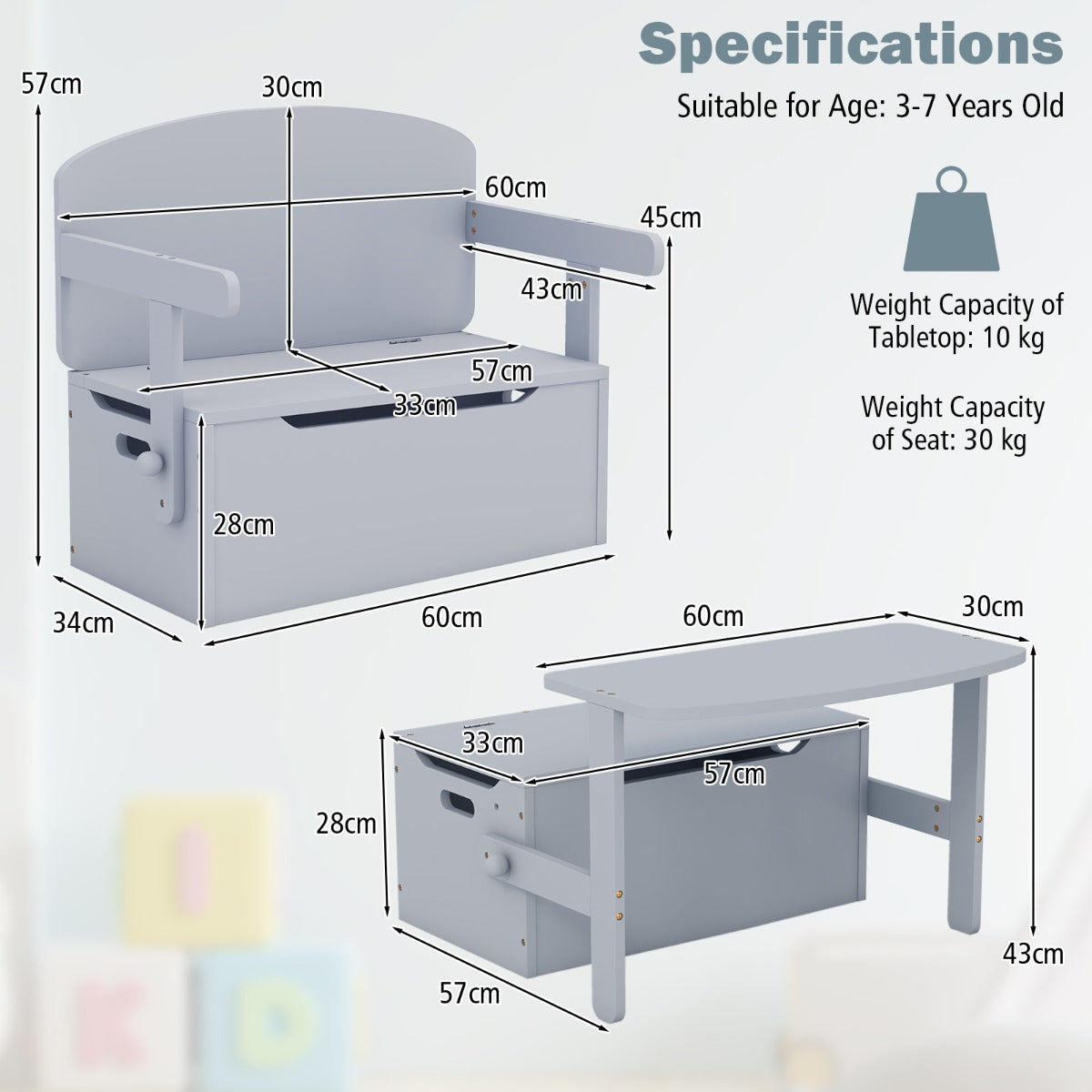 LIVSK 3-in-1 Activiteitenset voor Kinderen - Tafel en Stoel met Opbergruimte - Veilig en Duurzaam - 54,5 x 31 x 21 cm - Grijs