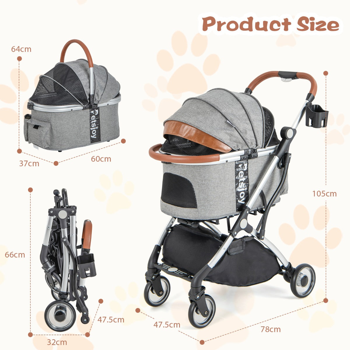 LIVSK 3-in-1 Kinderwagen voor Huisdieren - Inklapbaar - Waterdichte Hoes - Verstelbaar Zonnescherm - Tot 15 kg - Grijs