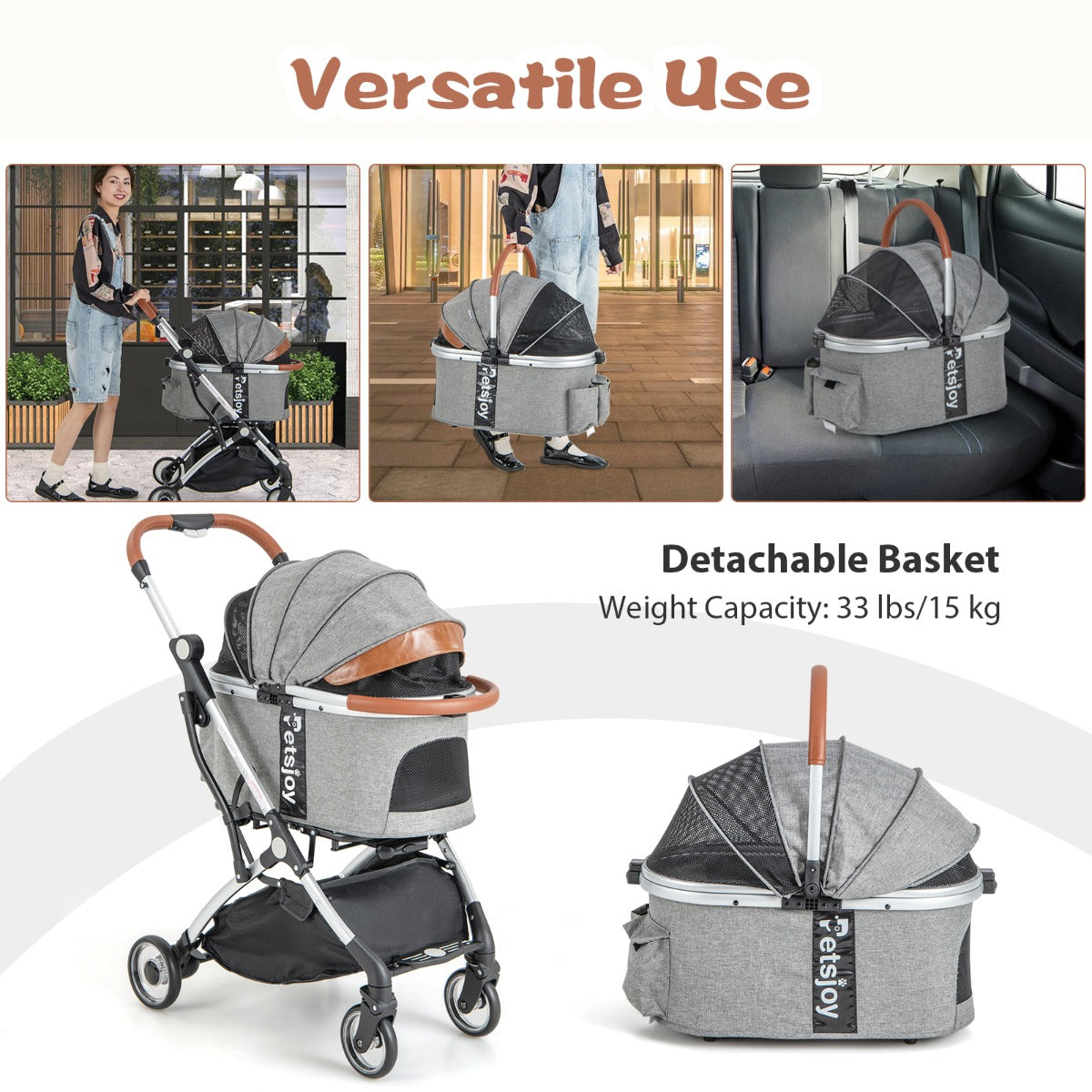 LIVSK 3-in-1 Kinderwagen voor Huisdieren - Inklapbaar - Waterdichte Hoes - Verstelbaar Zonnescherm - Tot 15 kg - Grijs