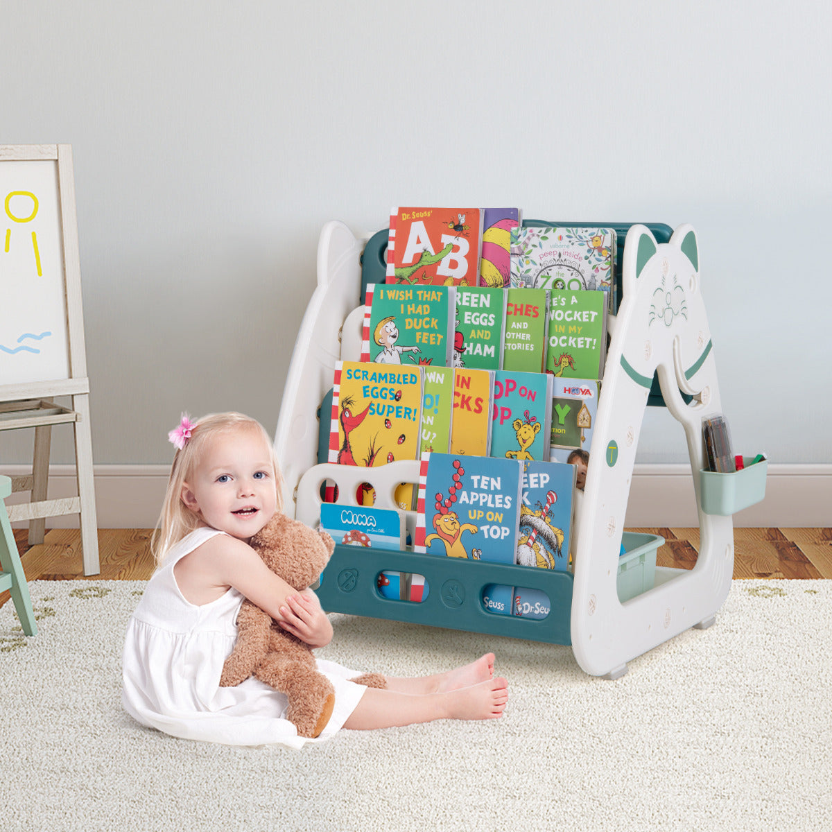 LIVSK 3-in-1 Kinderkunst Schildersezel - Boekenstandaard, Droog Wisbord, Schrijftafel - Inclusief 4 Stiften - Veilig en